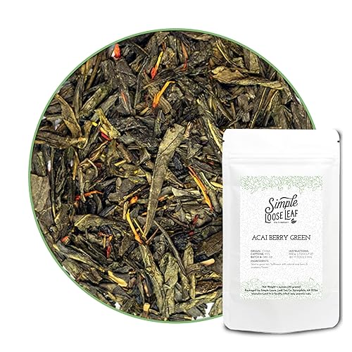 Simple Loose Leaf - Té verde de bayas de acai - Té verde de hojas sueltas de primera calidad, alto contenido de cafeína, dulce y sutil (1 onza)