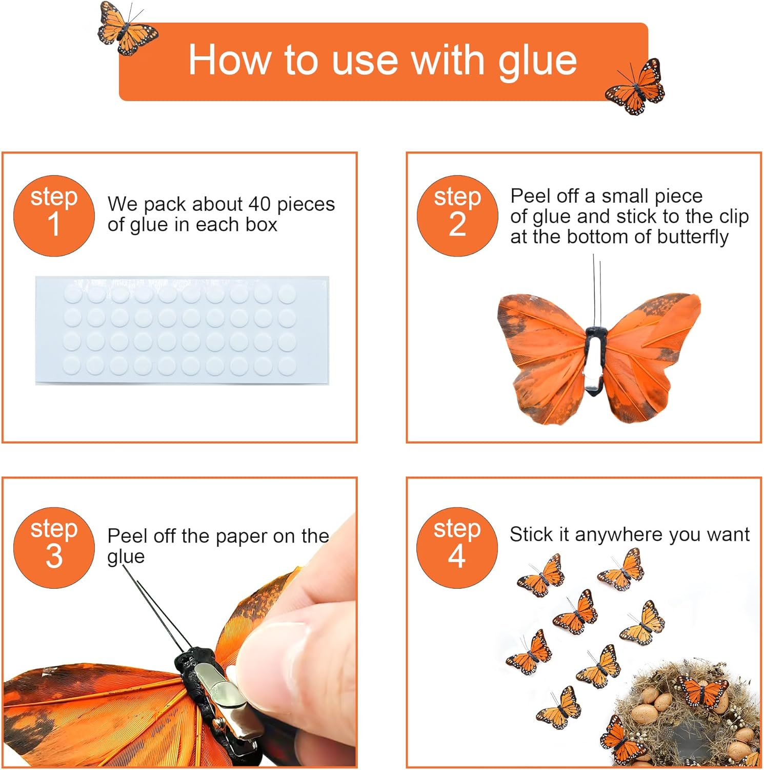 24pcs Monarch Butterflies Monarch Butterfly Decorations Kit with Clip for Dia de Los Muertos Decorations Halloween Decorative Butterflies Handmade Feather Butterfly - 2.25 inch KP06C