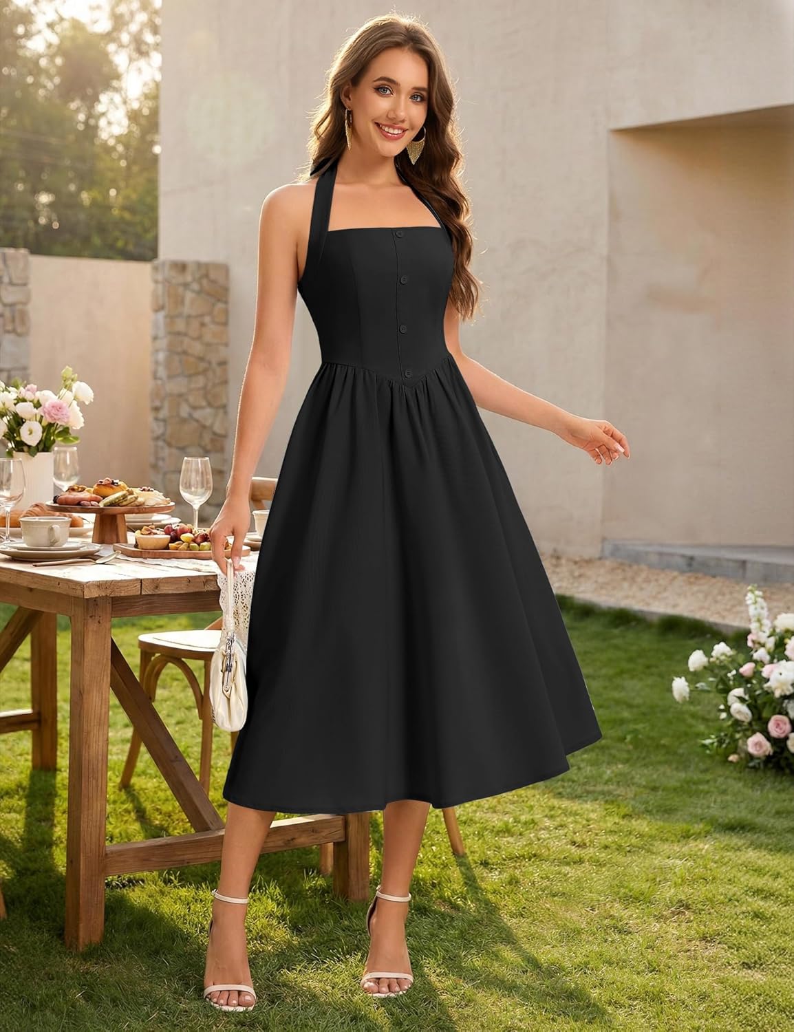 Dressystar Spring Summer Halter Midi Dress 2026 High Waist Swing Flowy Beach Garden Casual Wedding Guest Party Dress