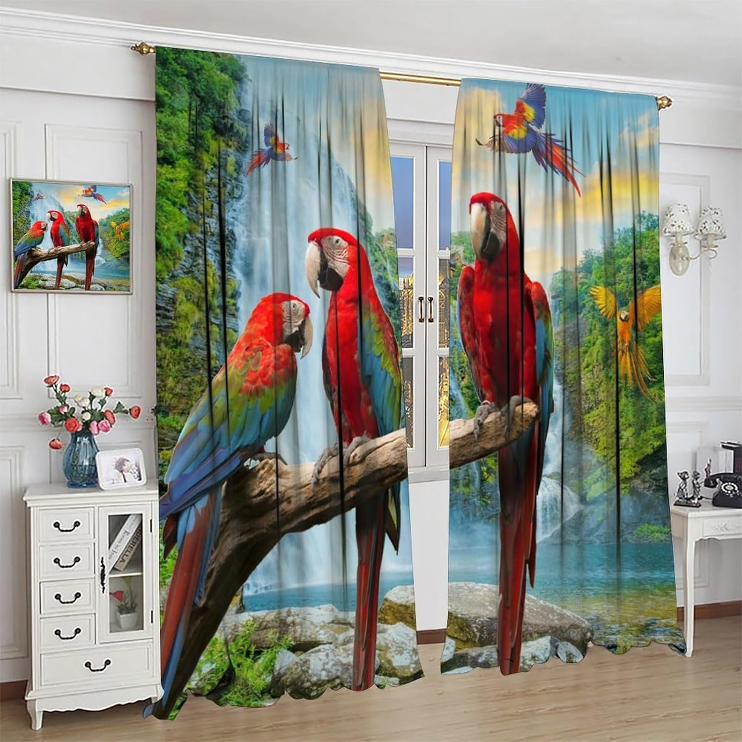 Funny Tropical Birds Parrot Blackout Curtains for Living Room,Beautiful Summer Tropical Jungle Waterfall Colorful Parrot Room Darkening Window Curtains with Rod Pocket - 2 Panels 63" L x 31.5" W