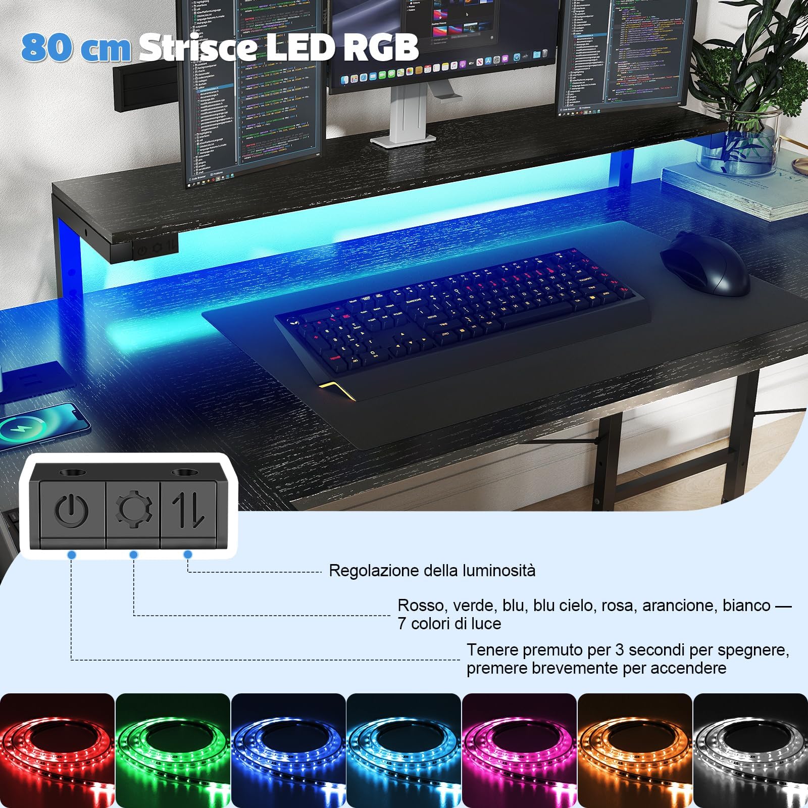 Devoko Bureau Gaming en U Réversible 170x95cm Table E-Sport LED Noir | Éclairage RGB, Double Support Moniteur, 3 Tiroirs, Étagère Latérale, Prises & 2 USB, Rangement, Setup Gamer Complet