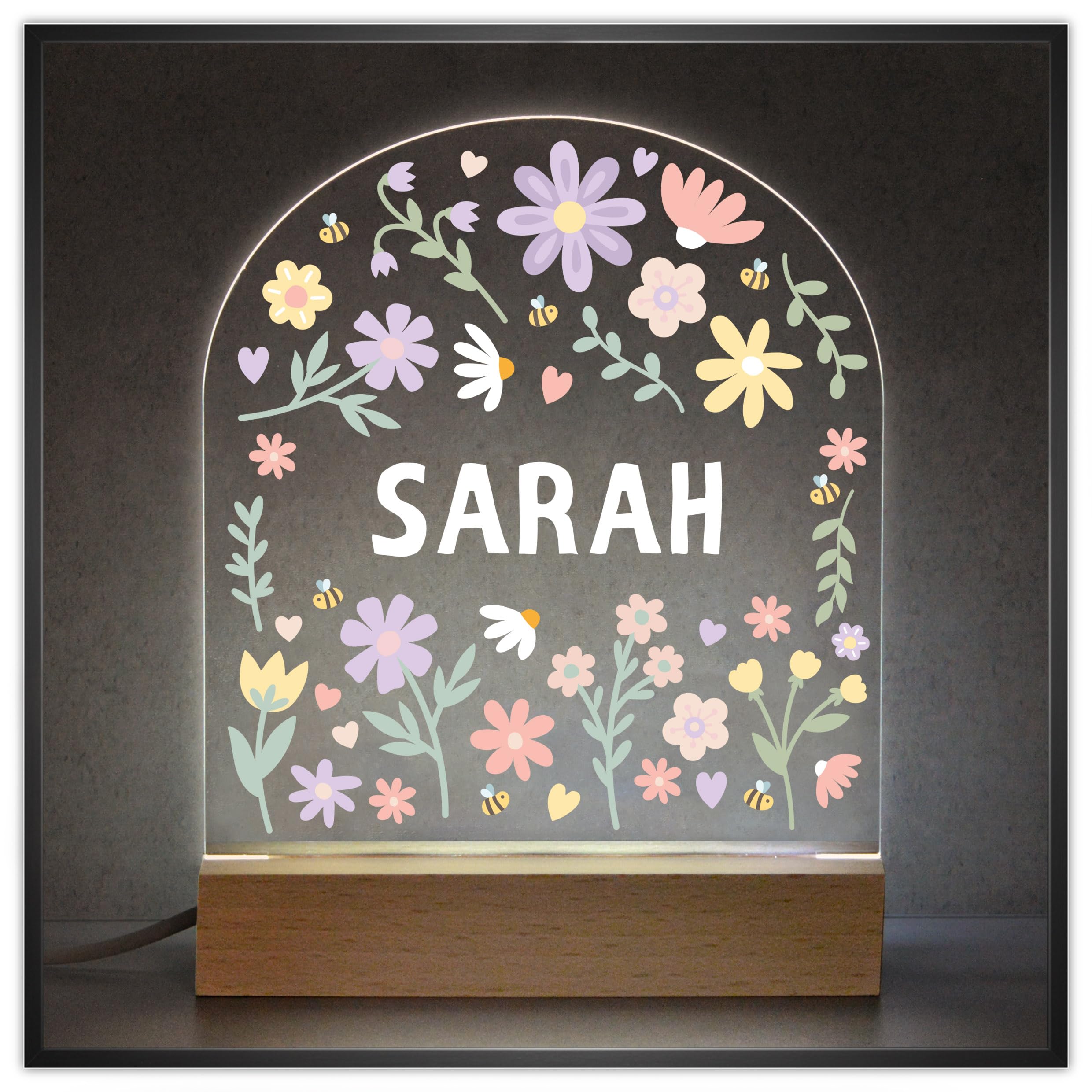 Beecreative Flower Floral Nursery Night Light with Childs Name - Girls Bedroom Light - Personalised LED Night Light - Girls Nursery Decor - Girls Sleep Light Lamp