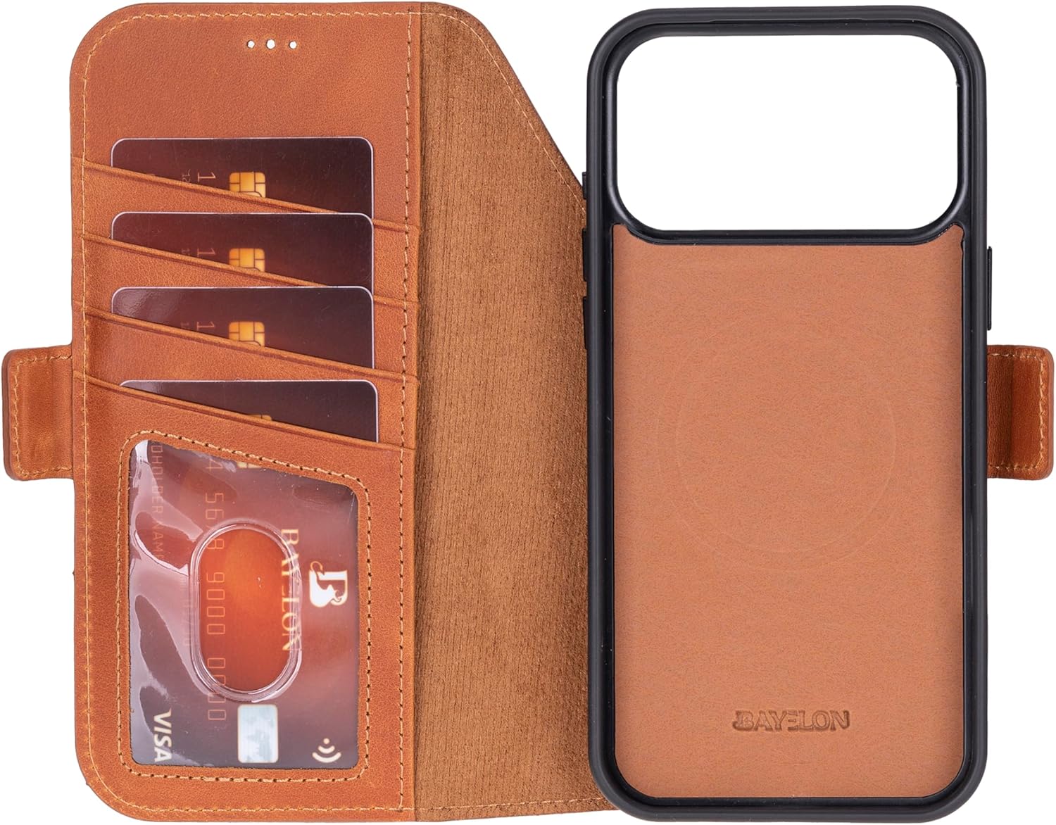 Bayelon Leather Folio Case for iPhone 17 Pro 6.3", Flip Cover Card Holder, Genuine Leather Case, Folio Wallet Case, MagSafe Compatible Shockproof Flip Cover, Rfid Blocking -Vintage Brown