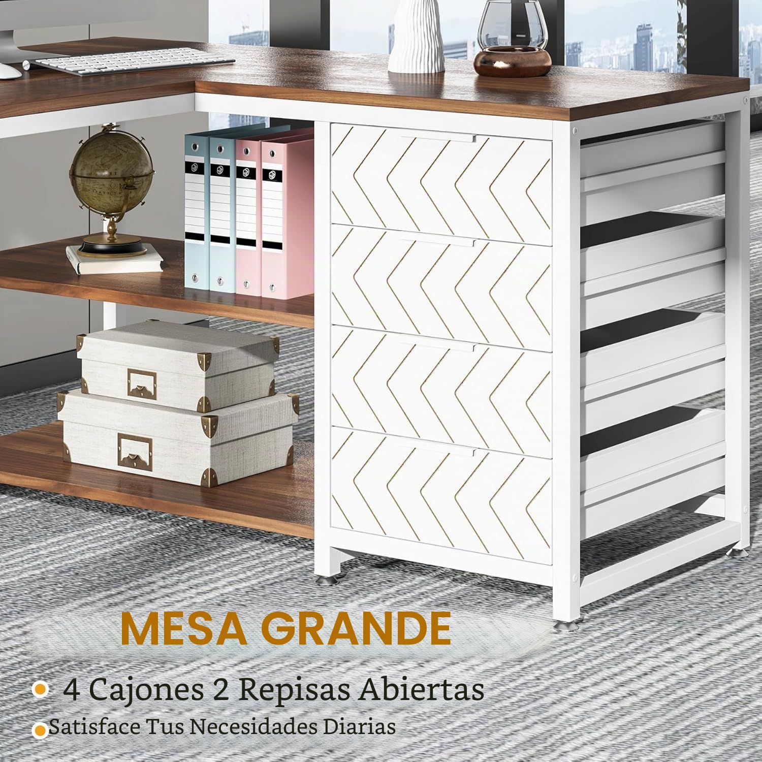 Lailang 150cm Escritorio, Mesa En L, Mesa Escritorio con Cajones, Escritorio de Madera, Bancada de Trabajo Oficina, 150 x 110 x 75 cm, Walnut & White