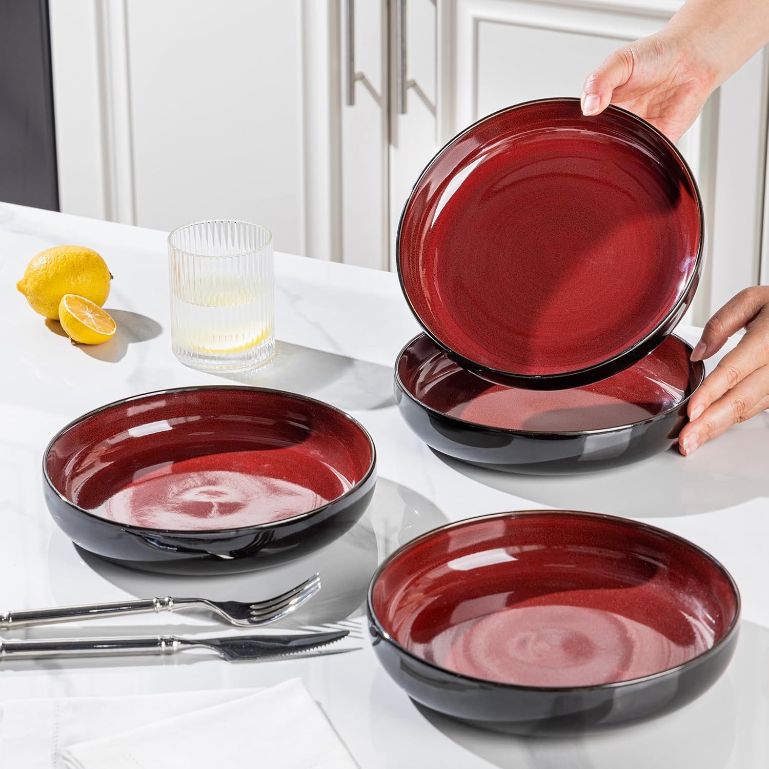 LERATIO 8.5'' Large Ceramic Pasta Bowls, 36oz Pasta Serving Bowls Set of 4 for Kitchen, Wide Bowls for Fruit,Pasta,Salad,Oatmeal,Meal, Microwave Safe, Reactive Glaze