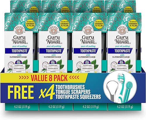 Vista 12 de GuruNanda Pasta de dientes con hidroxiapatita, libre de SLS y fluoruro, pasta de dientes blanqueadora con raspador de lengua y exprimidor - Refresca