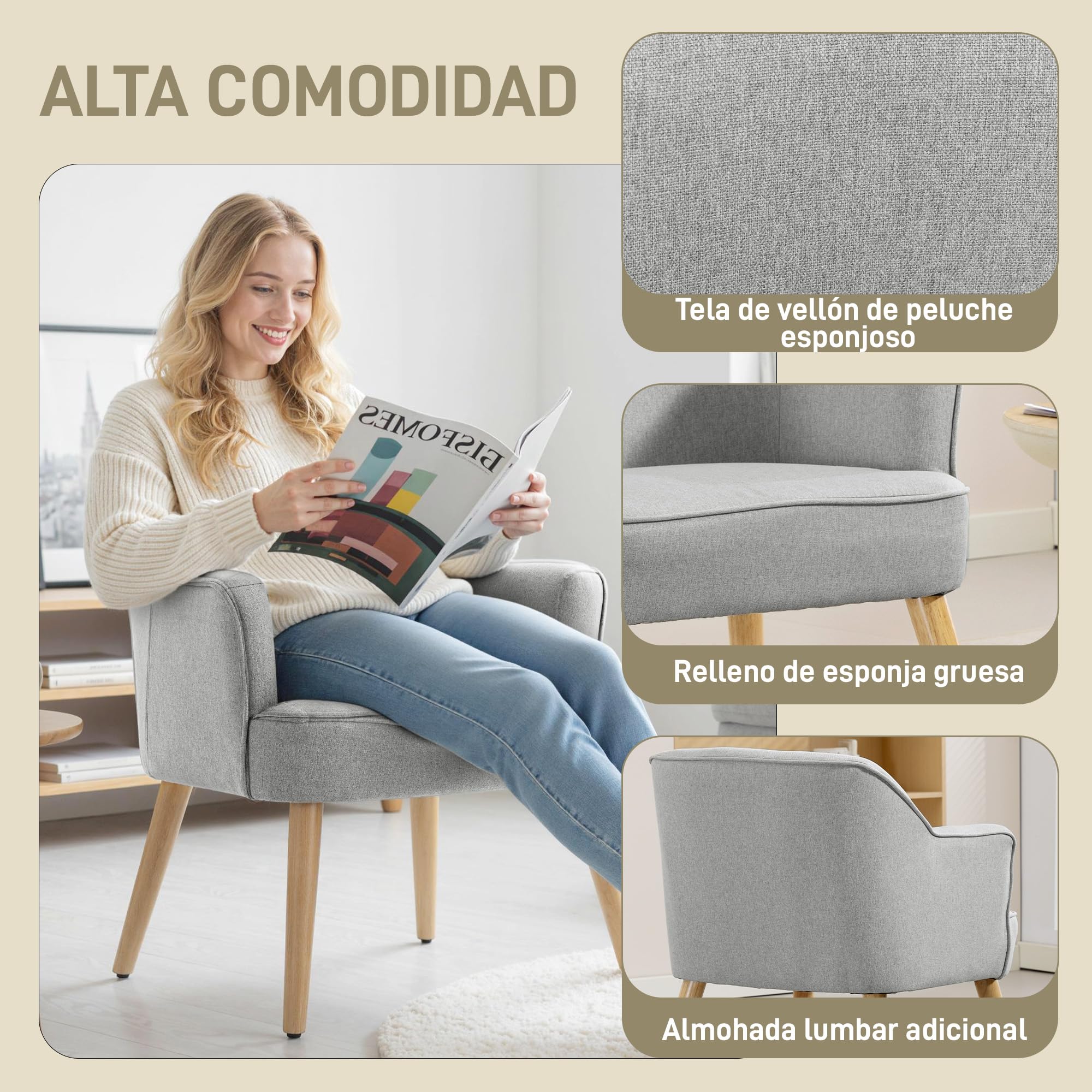 HOMCOM Butaca de Salón Moderna en Lino con Patas de Madera 120kg Gris Claro | Sillón Lectura Tapizado, Reposabrazos Acolchado Grueso, Almohadillas Ajustables, para Dormitorio Oficina Estudio