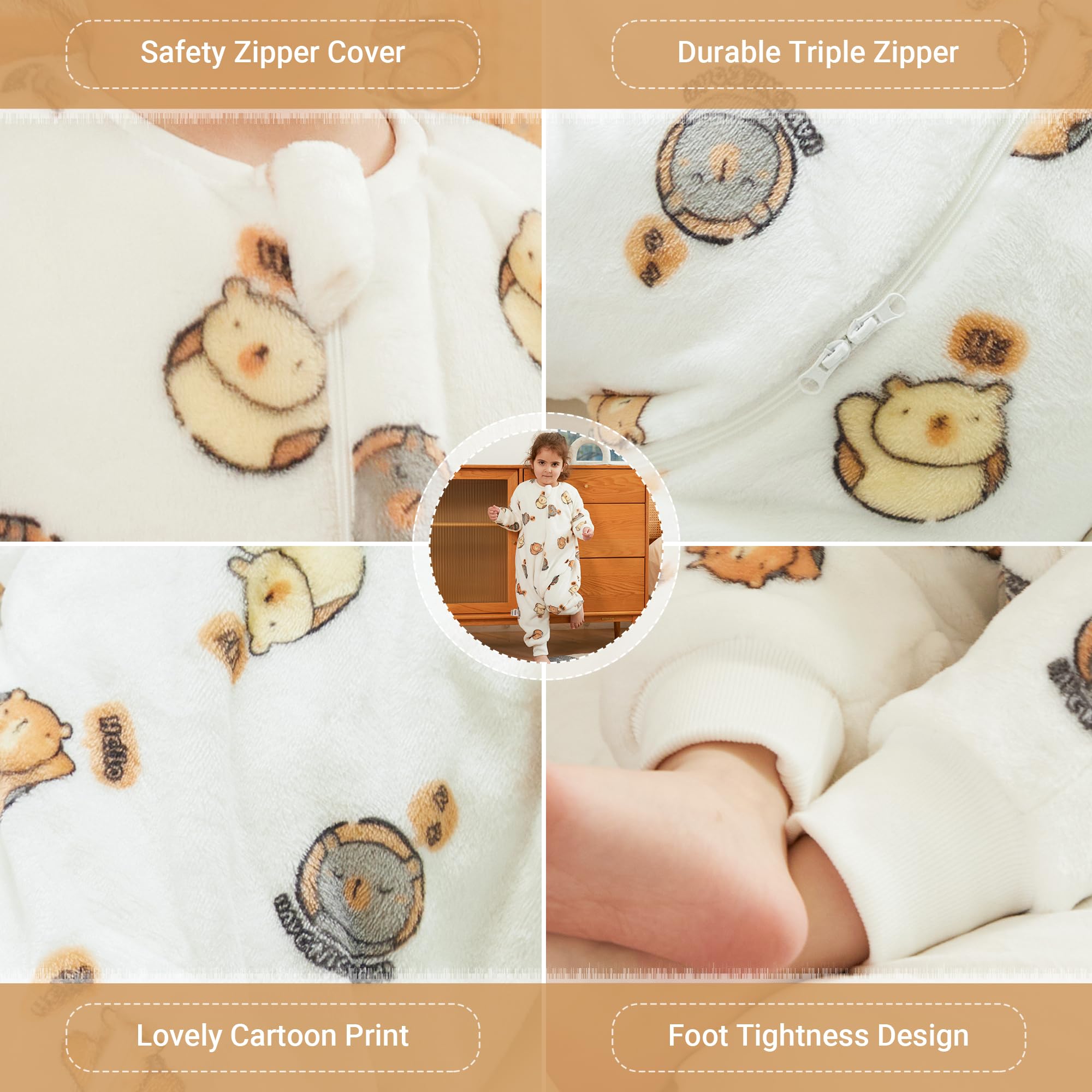 COOKY.D Unisex Baby Boys Girls Flannel Long Sleeve Sleeping Bag with Feet Toddler Newborn Triple Zipper Cartoon Wearable Blanket,White 18-24 Months - Image 4