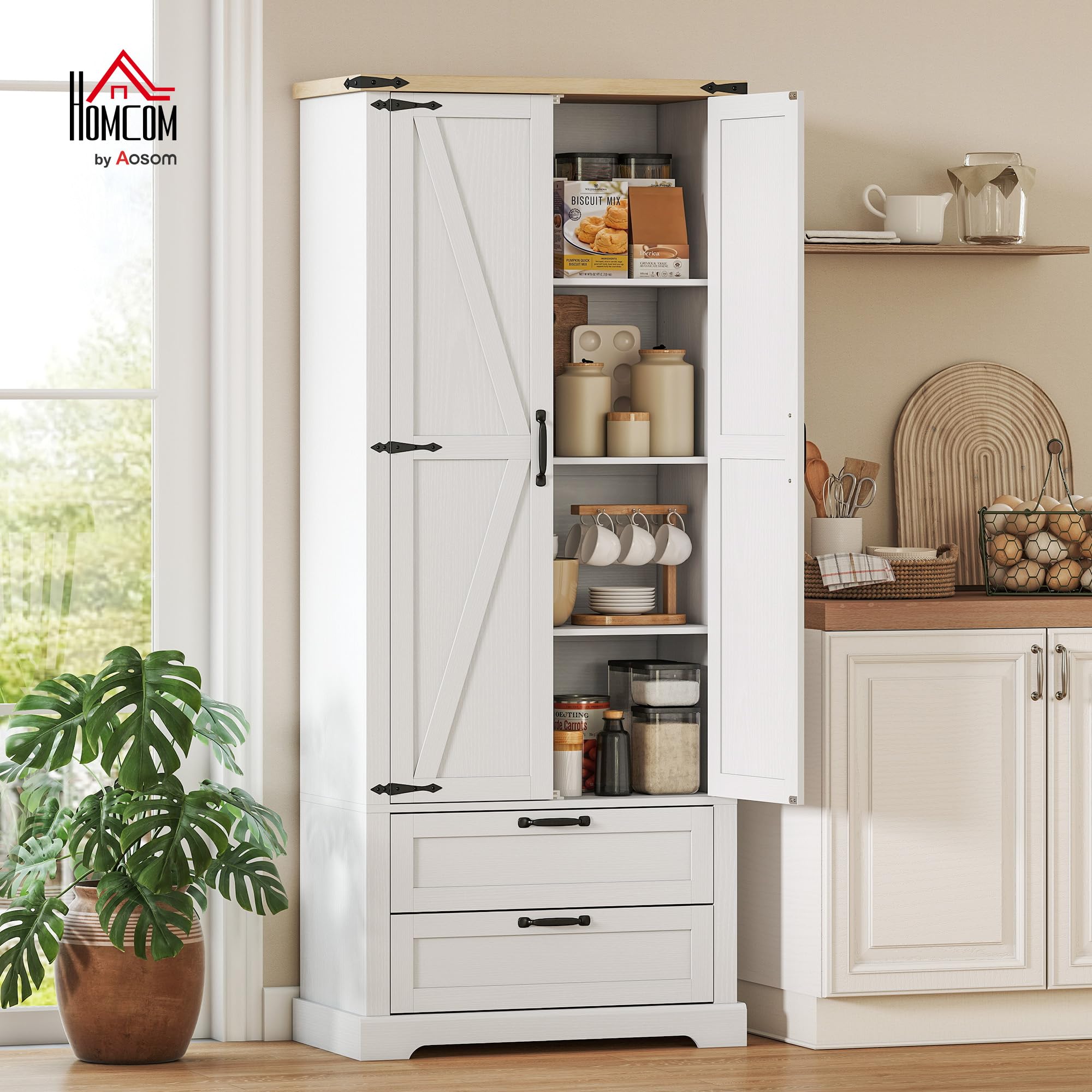 HOMCOM Buffet Haut Cuisine Vaisselier 2 Portes, 76 x 40 x 180 cm Blanc | Armoire de Rangement, 2 Tiroirs Silencieux, Étagères Réglables, Meuble de Rangement Rustique, Salon, Salle à Manger