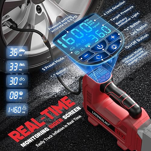 Miniatura 3 de Compresor de aire inalámbrico para inflador de neumáticos, compatible con batería Milwaukee de 18 V, bomba de aire portátil LIVOWALNY con manómetro