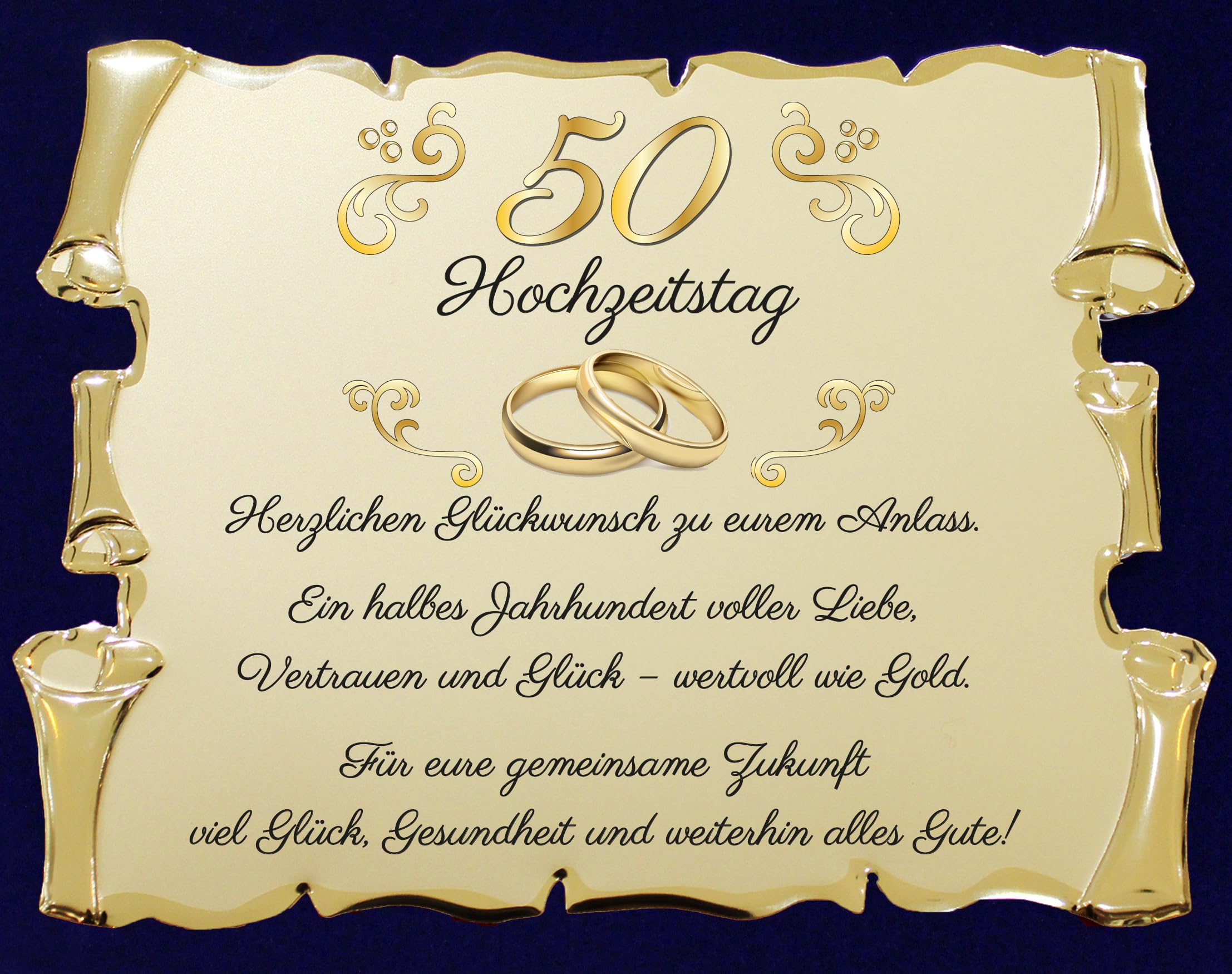 50e anniversaire de mariage - Noces d'or pour parents, grands-parents et amis - Élégant tableau parchemin doré avec boîte en velours - Idée cadeau spéciale pour anniversaire de mariage (bleu, 50 ans)