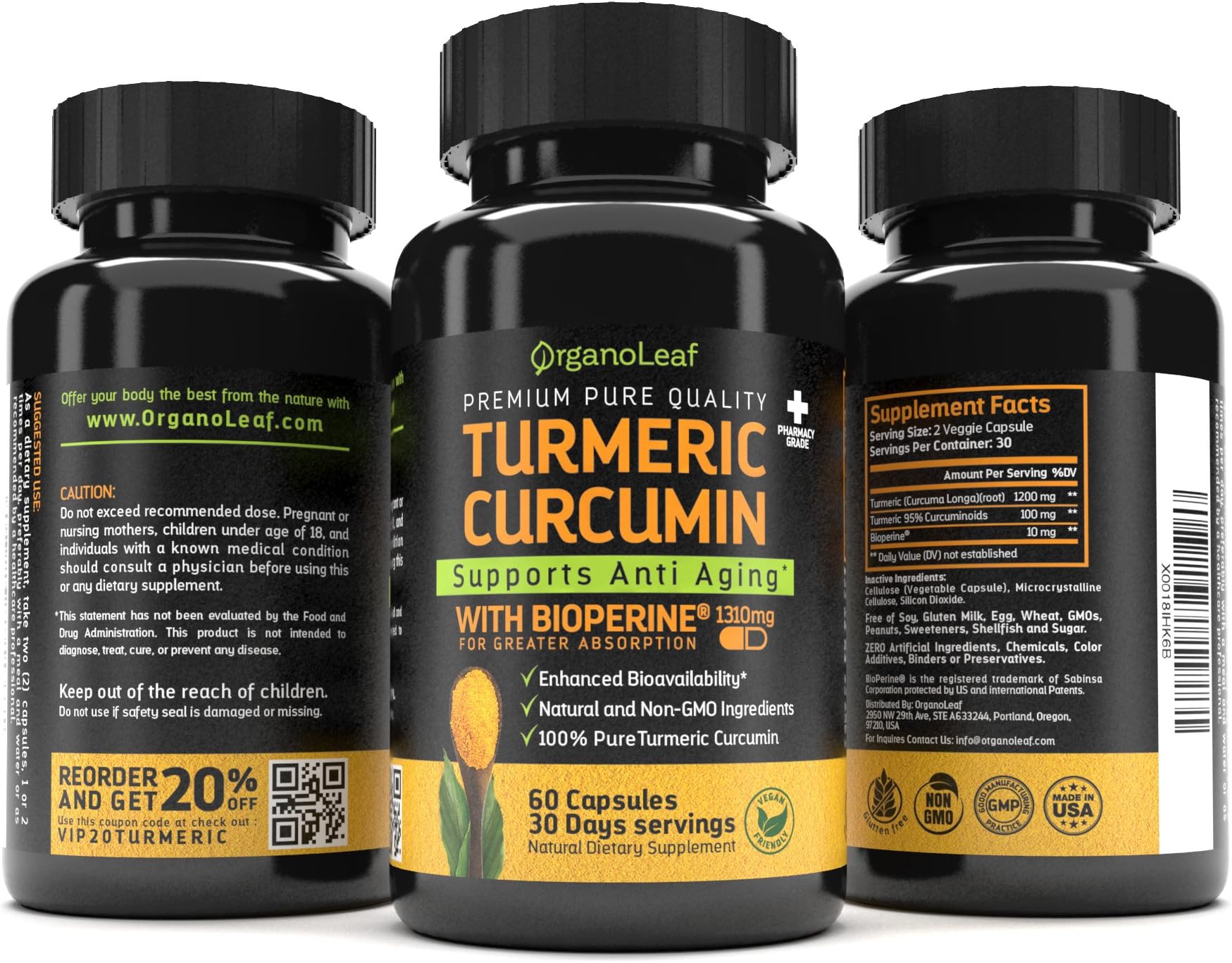 OrganoLeaf Turmeric Curcumin Natural Supplement 1310mg, 60 capsules - PREMIUM Anti-inflammatory & Healthy Anti-oxidant - Powerfull Pain Relief for Joint Arthritis - With Bioperine For Best Absorption