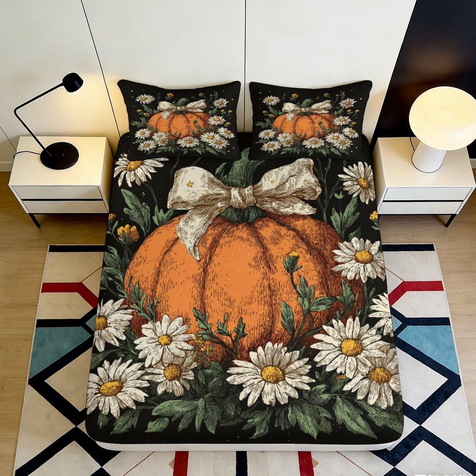 3D Printed Pumpkin Daisy Fitted Sheet Microfiber Soft Bed Sheet for Bedroom Guest Room Mattress Cover Decor 90x200x25cm