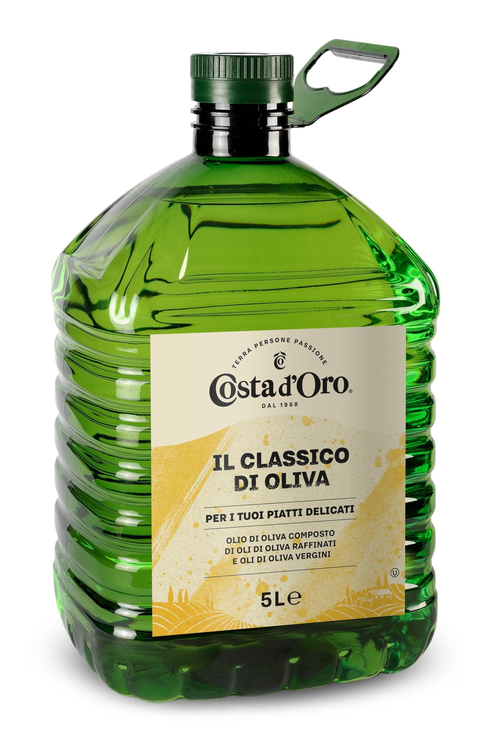 Costa d'Oro – Classico di Oliva 5L PET. Olio di oliva adatto a crudo per pesti e salse tipo maionese e per marinature, soffritti, cotture prolungate e fritture. Formato da 5 litri.