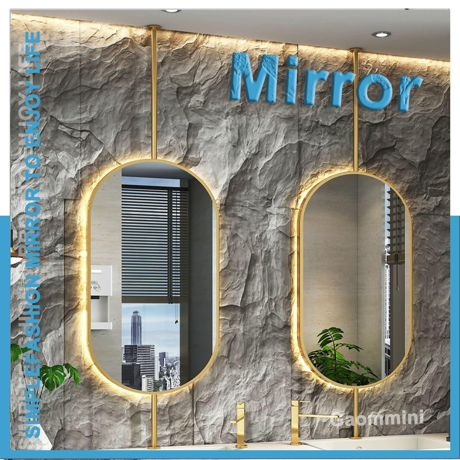 Grande specchio ovale per il trucco del bagno, casa o hotel, specchio sospeso montato a soffitto, specchio da parete galleggiante, oro(50cmx60cm)