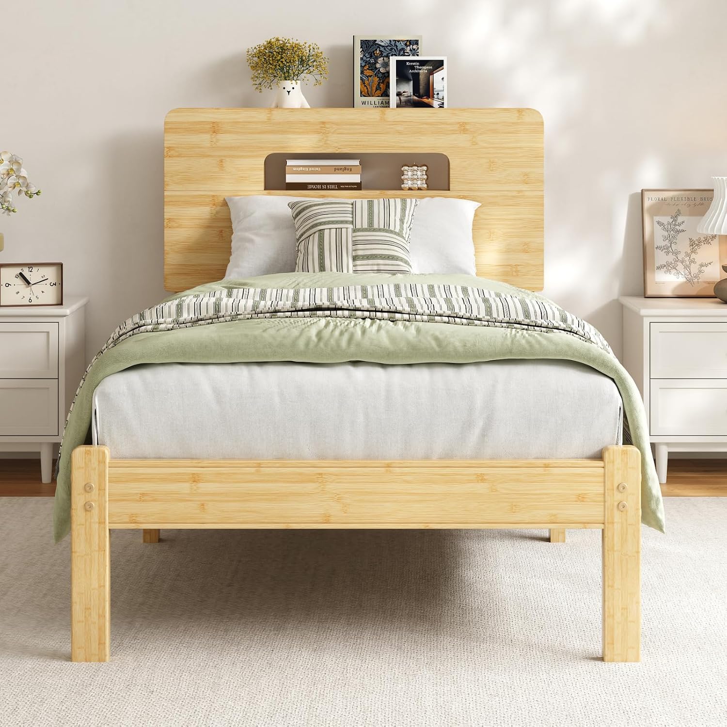 Askeld Wood Twin XL Bed Frame with Storage Shelf Headboard, 12 Inch High Bamboo Platform Bed No Box Spring Needed, Mid-Century Heavy Duty Bedframe, Easy Assembly, Noise Free