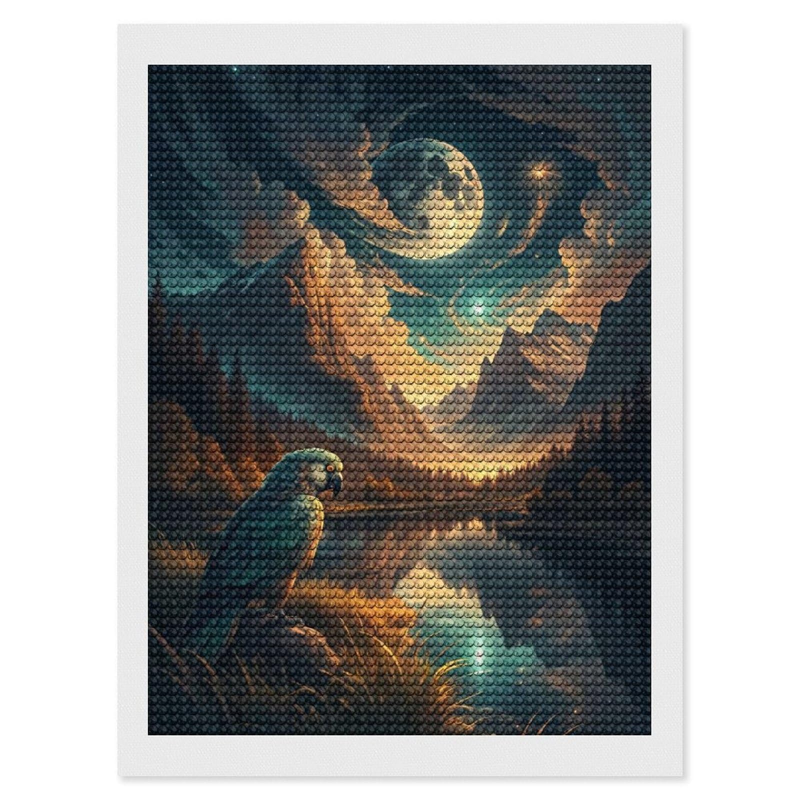 Junmoney Parrot by Moonlit Mountain Lake Diamond Art Kit 12"x16", Neat Printed Canvas, Finish and Display, Relaxing DIY Hobby, Living Room Decor