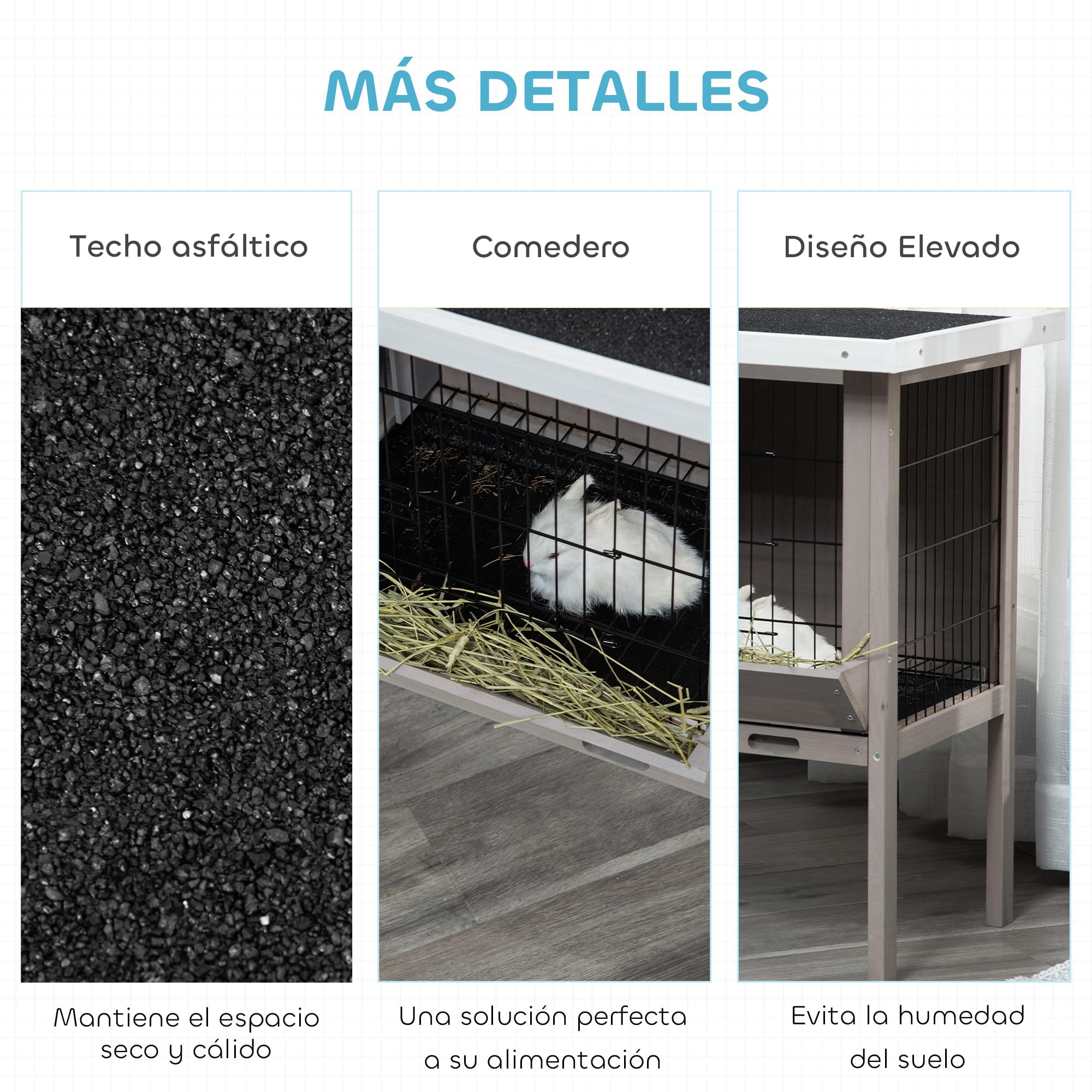 PawHut Conejera de Madera Elevada Jaula para Conejos con Techo Asfáltico Abatible Puertas con Pestillo Bandejas Desmontables Conejera para Exterior 91x46x71 cm Gris