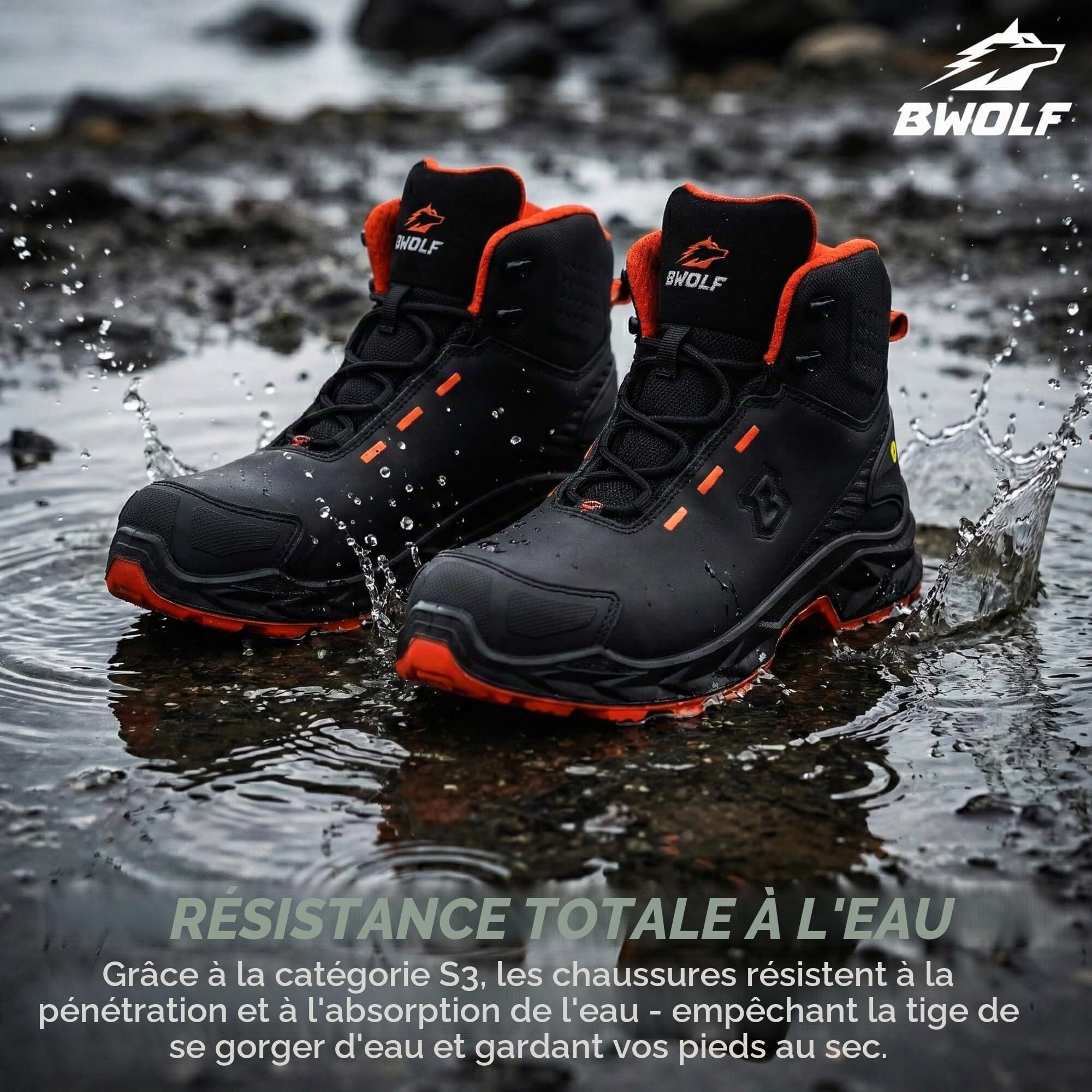 BWOLF Falcon HI S3S Chaussures de travail pour homme en cuir lisse noir avec embout en aluminium, semelle intermédiaire en Kevlar Protection ESD, Noir , 47