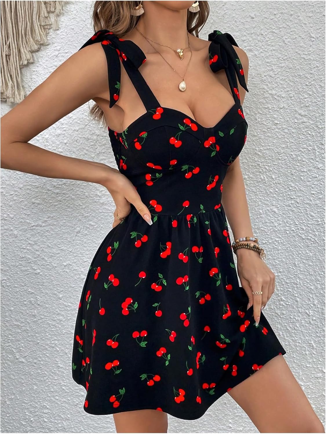 Floerns Women's Cherry Print Tie Shoulder Cami Dress Vacation Flare Hem Boho Dresses - Image 3