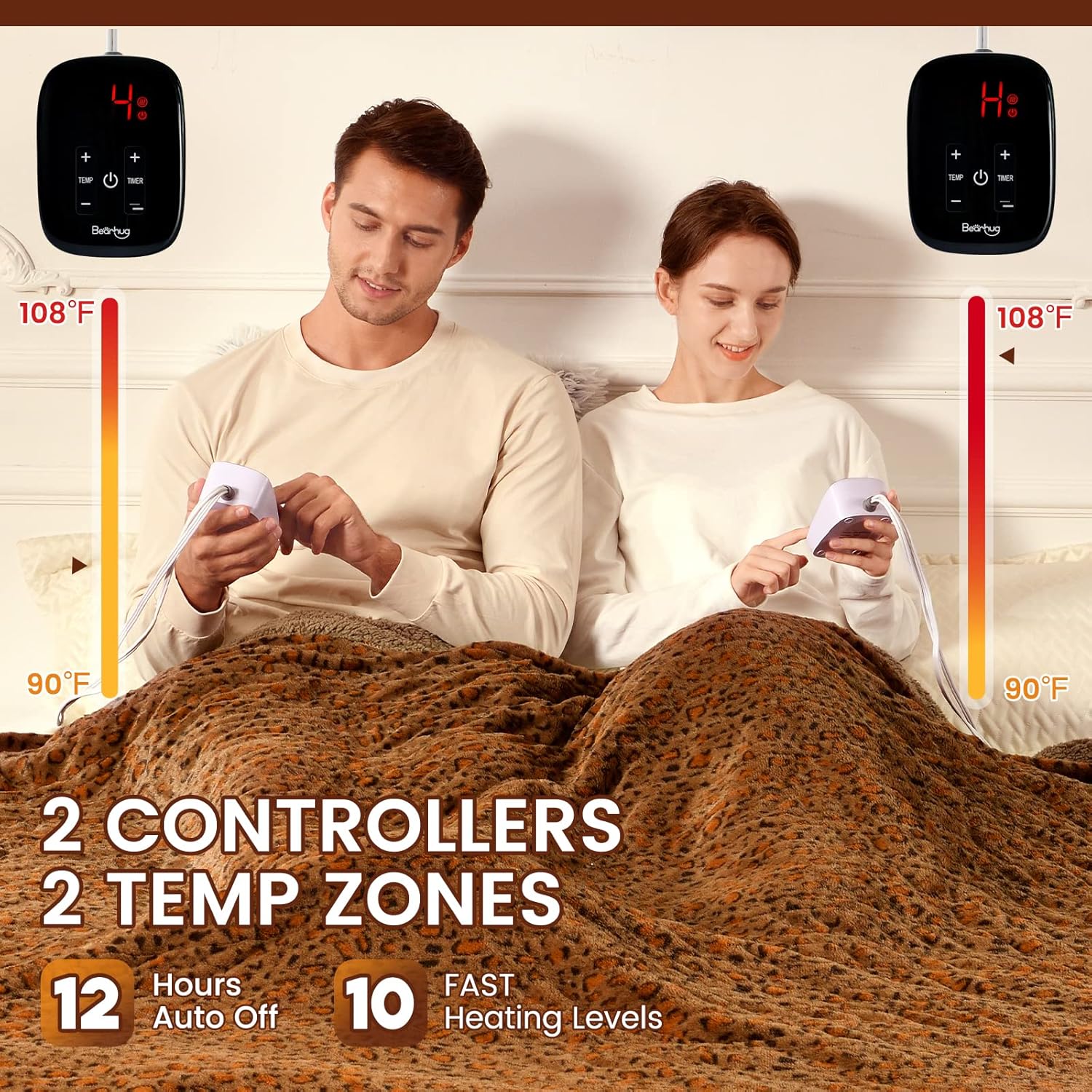 Bearhug Electric Blanket Queen Size, 84" x 90" Heated Blanket Dual Controllers, Faux Fur & Sherpa, 10 Heating Levels & 1-12H Auto Off, Over-Heat Protect, ETL, Machine Washable - Image 4