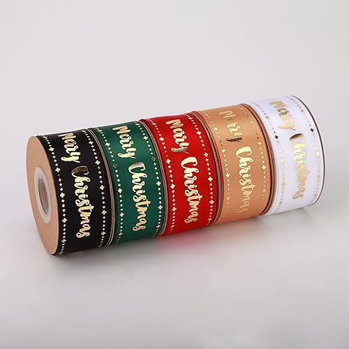 Miniatura 4 de Meseey Cinta de Navidad de 10 yardas y 1 pulgada de ancho, cintas de satén negro con cinta de regalo impresa dorada para embalaje de manualidades,