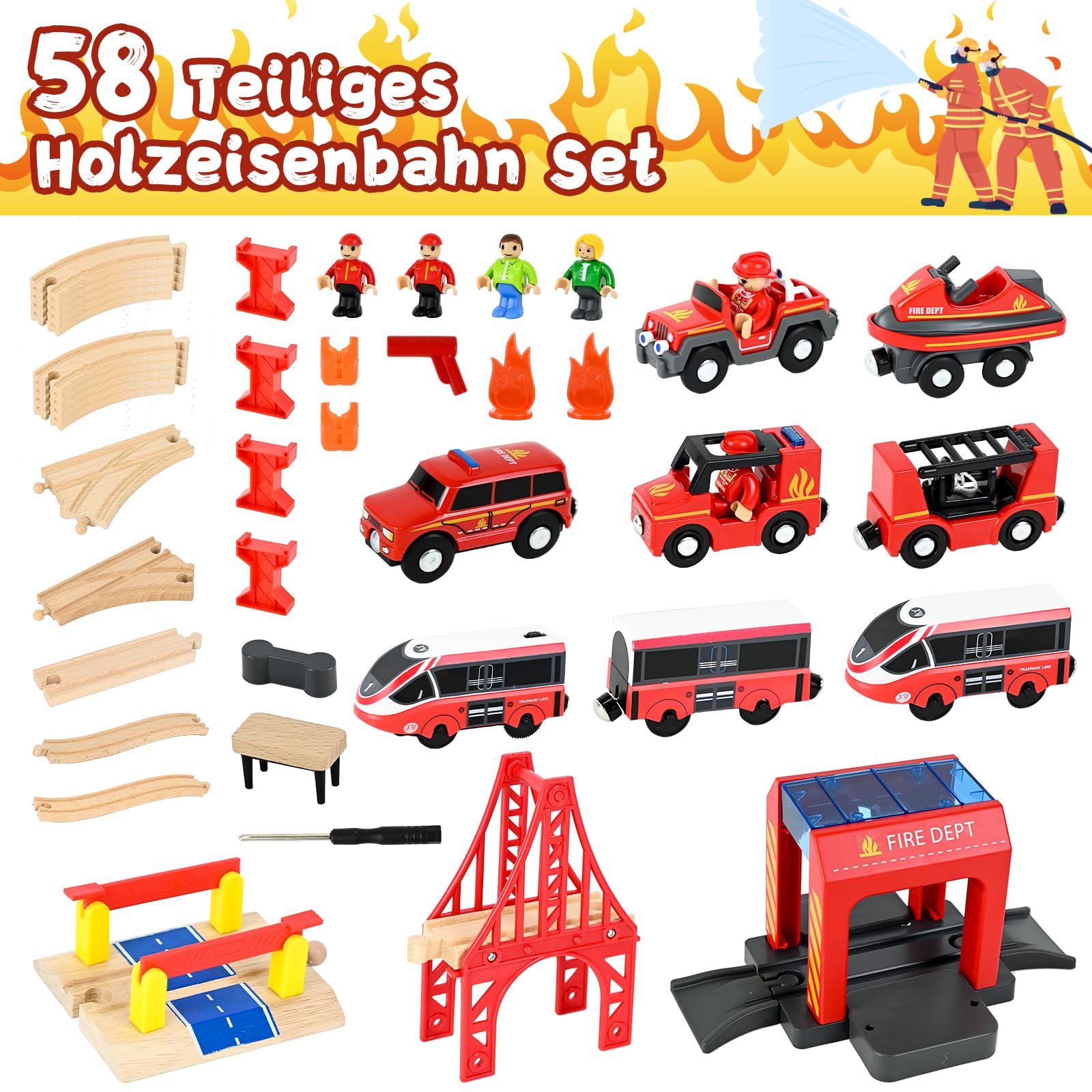 Ulikey Holzeisenbahn Set Kinder, 58 Teiliges Holzeisenbahn Schienen und Zug Spielzeug, Modelleisenbahn-Set mit Elektrische Lok und Feuerwehr, Spielzeugeisenbahn-Set Geschenk für Jungen und Mädchen