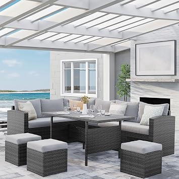 Solaste 7 Piece Patio Furniture Set, All Weather Wicker Patio Conversation Sets with Cushion Seat & Pillows, Outdoor Dining Set, Patio Furniture Outdoor Sectional, Light Grey