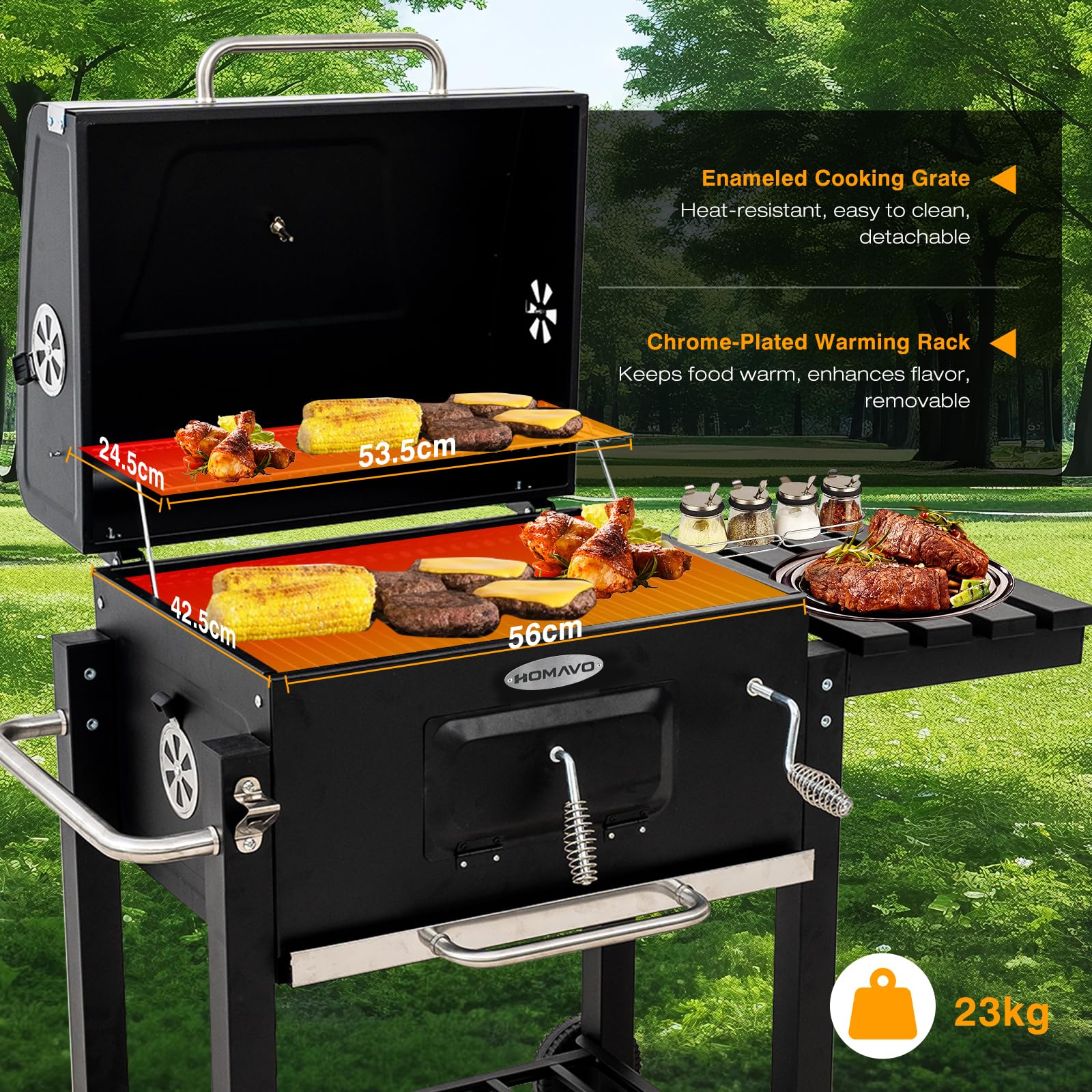 Grill na węgiel drzewny, składany grill z pokrywą, powierzchnia grillowania 56 x 42,5 cm, kosz na węgiel z regulacją wysokości, składany stół boczny i pokrowiec ochronny w zestawie
