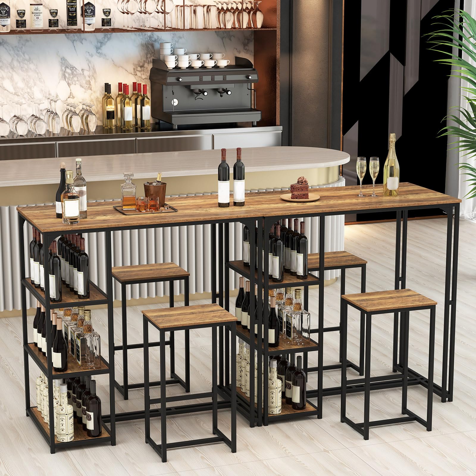 COSTWAY Juego de Mesa y Taburetes de Bar, 110x60x110 cm, Mesa Alta de Cocina con 2 Taburetes, 3 Estantes, Marco de Metal, Muebles de Bar Industrial para Cocina, Salón, Comedor, Desayuno, Marrón