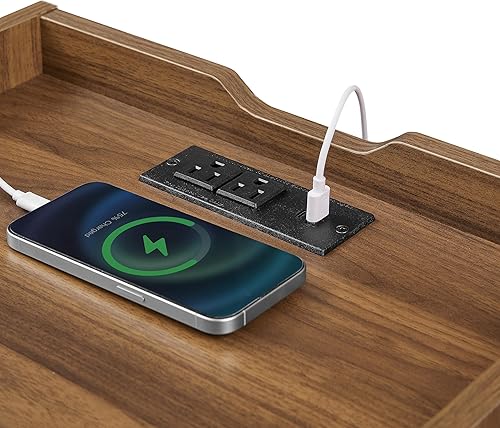 Miniatura 4 de Mesita de noche moderna de mediados de siglo con estación de carga y luces LED, mesita de noche con 2 cajones y estante abierto, mesa auxiliar