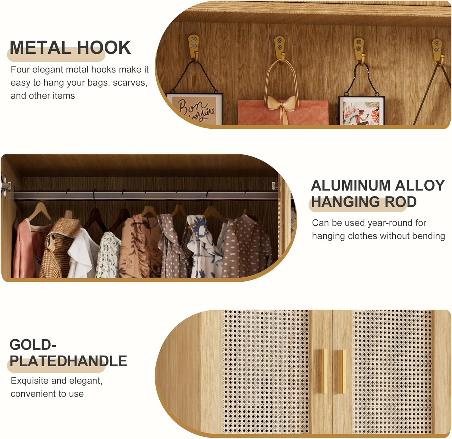 Close-up of metal hooks, aluminum alloy hanging rod, and gold-plated handle