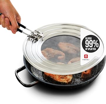 Dishwasher-Safe Splatter Screen Guard for Frying Pan Grease - Shields 99% of Stove Top from Bacon, Fry Oil, or Deep Fryer Splash - Easy Kitchen Storage Foldable Heat-Resistant Silicone Handle