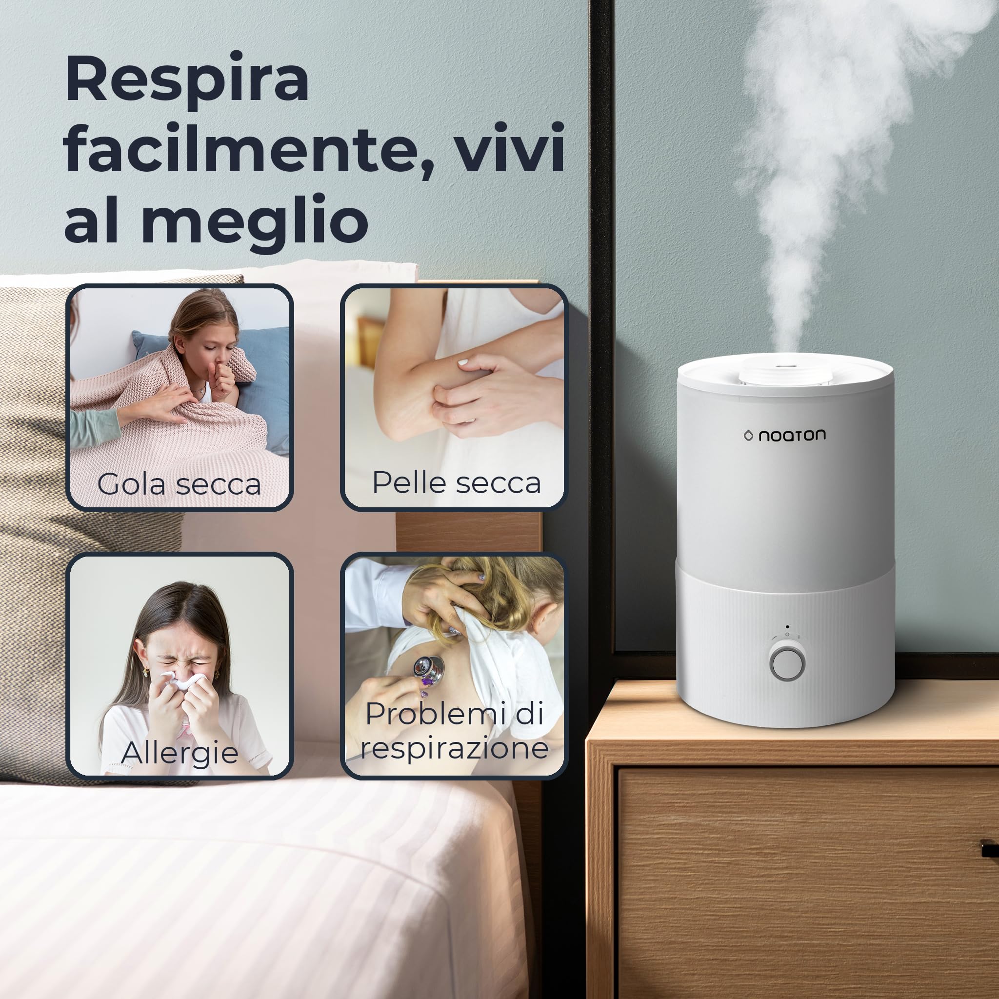 Noaton Essential Umidificatore 3,3L Ultrasuoni Ambiente Bambini, 33h, con Luce e Aromaterapia, Controllo della Nebbia, per Qualsiasi Camera, Silenzioso, Adatto per Piante…
