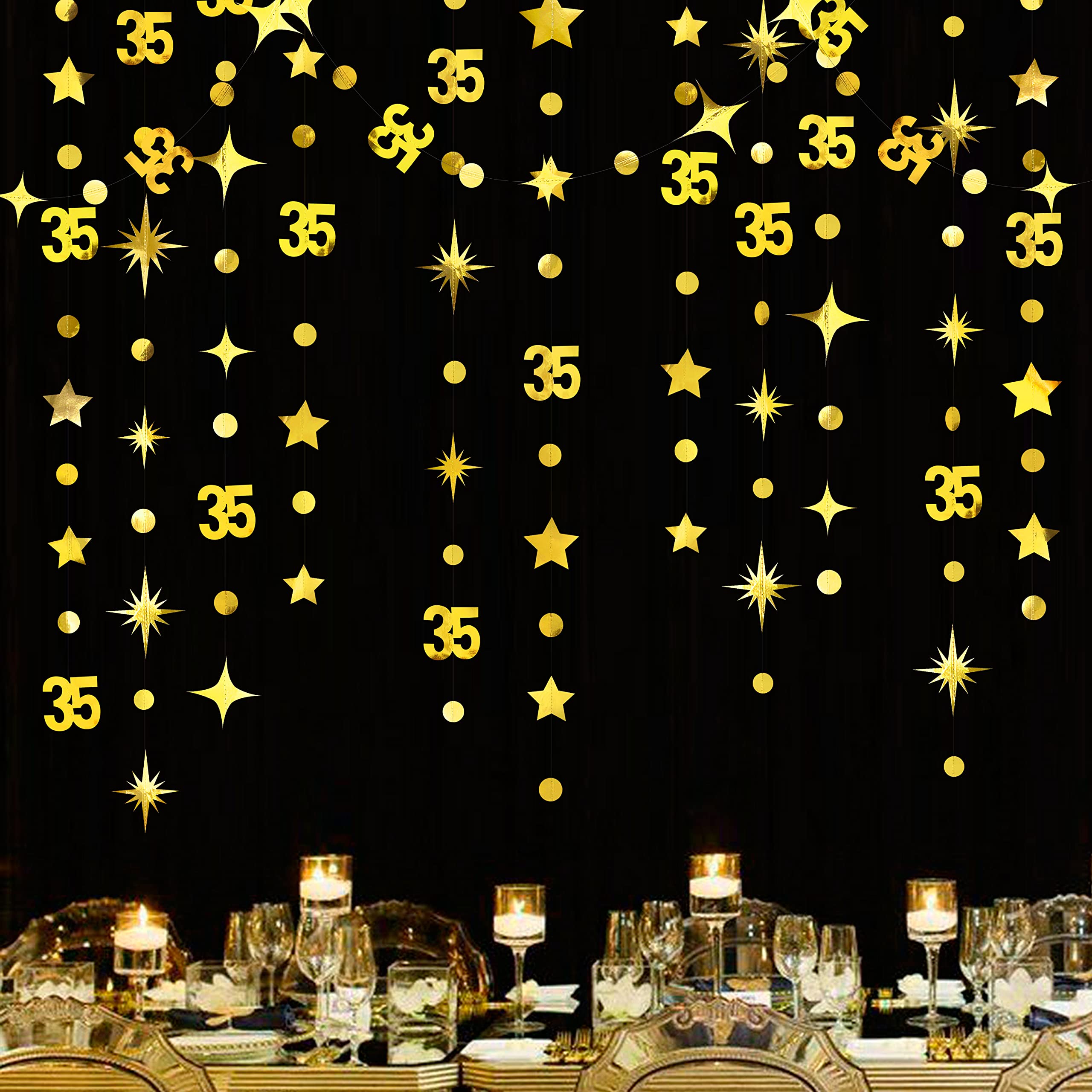 Gold 35th Birthday Decorations Number 35 Circle Dot Twinkle Star Garland Metallic Hanging Streamer Bunting Banner Backdrop for Womens Thirty Five Year Old Birthday 35th Anniversary Party Supplies