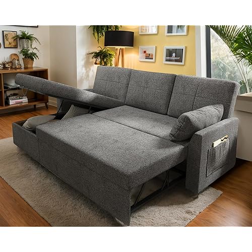 PaPaJet Sofa Bed, Sleeper Sofa with Storage Chaise, L Shaped Sofa with Pull Out Bed, Oversized Sofas for Living Room, Grey