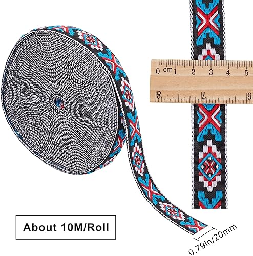 Miniatura 9 de GORGECRAFT Cinta de jacquard étnico de 10.94 yardas, cinta bordada de 34 pulgadas de ancho rojo azul geométrico rombo tejido flecos o bricolaje