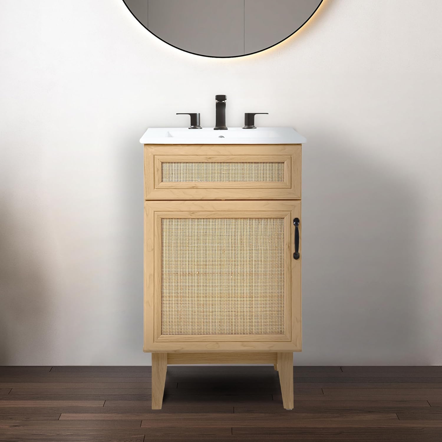 JONATHAN Y VAN1008A Javer 20 in. W x 18 in. D x 33 in. H Rattan Modern Farmhouse 2-Shelf Bath Vanity Cabinet Only (Sink Basin not Included), Oak