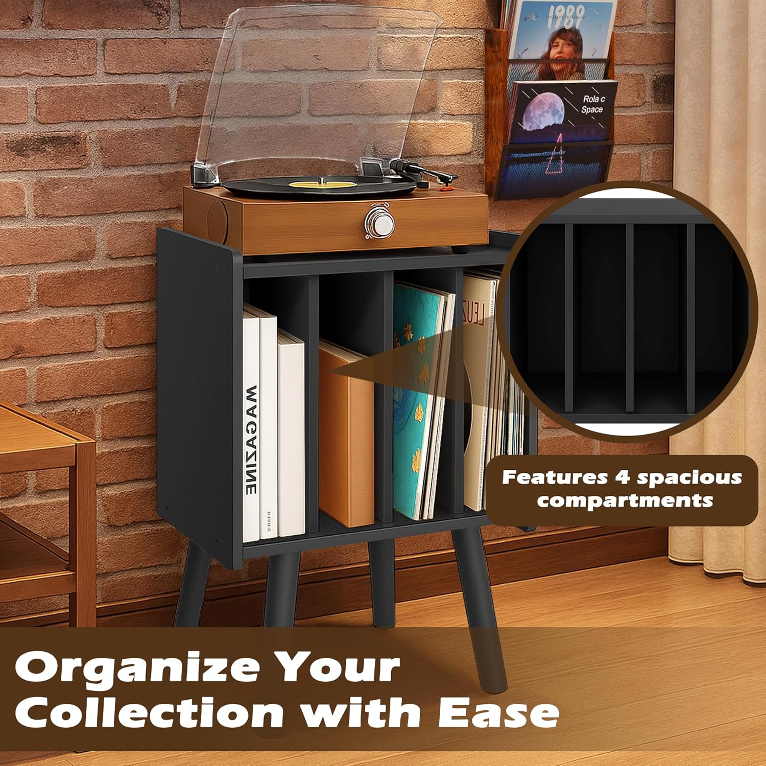 Record Player Stand, Vinyl Record Storage Table with 4 Cabinet, Mid Century Modern Turntable Stand, Organizer Vinyl Table for Bedroom Living Room(Black)