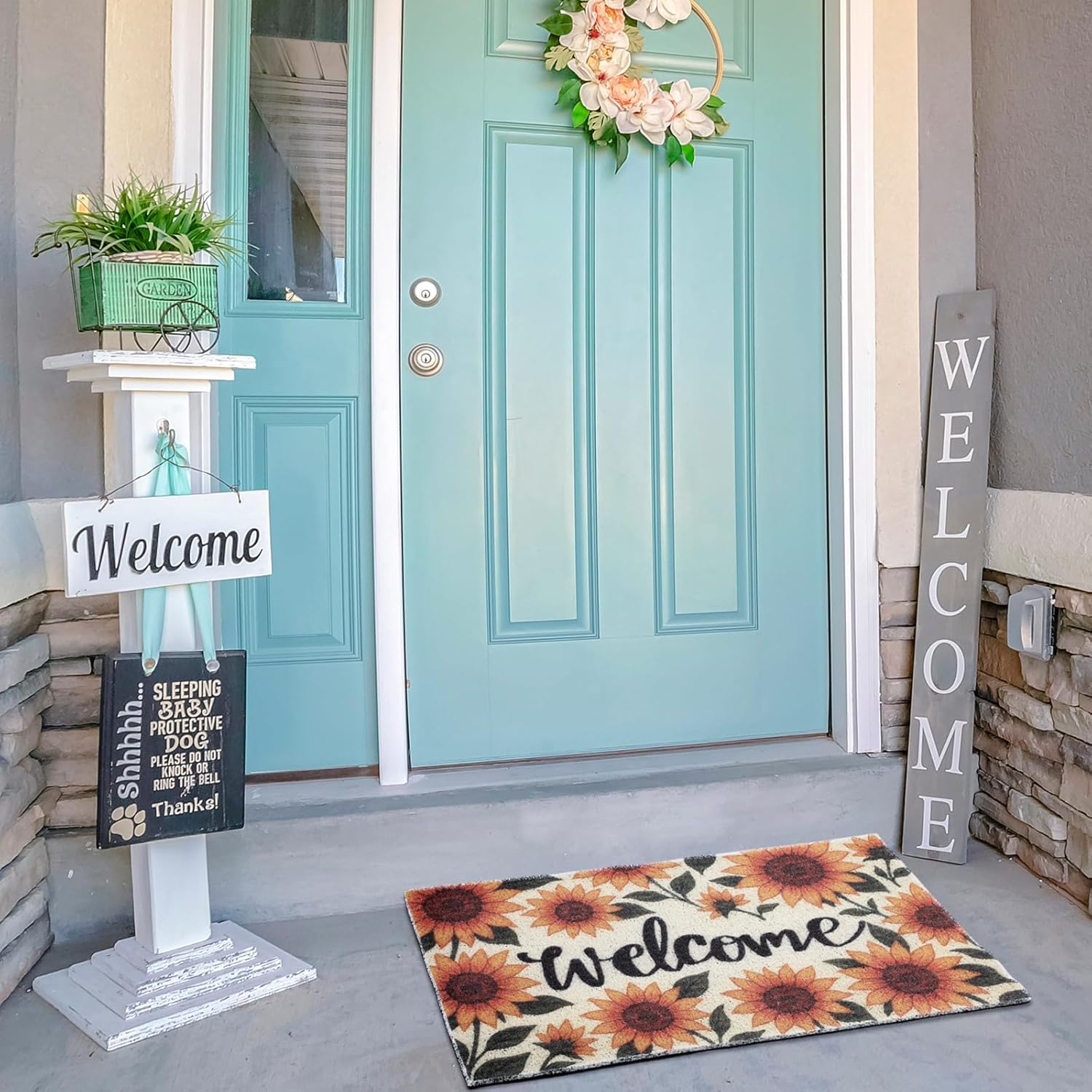 2 Pcs Summer Welcome Mat Sunflower Decorative Doormat Sunflower Floor Mats Summer Non Slip Entrance Door Rugs for Outdoor Indoor Porch Kitchen Entryway Home Decor 24 x 36 Inch