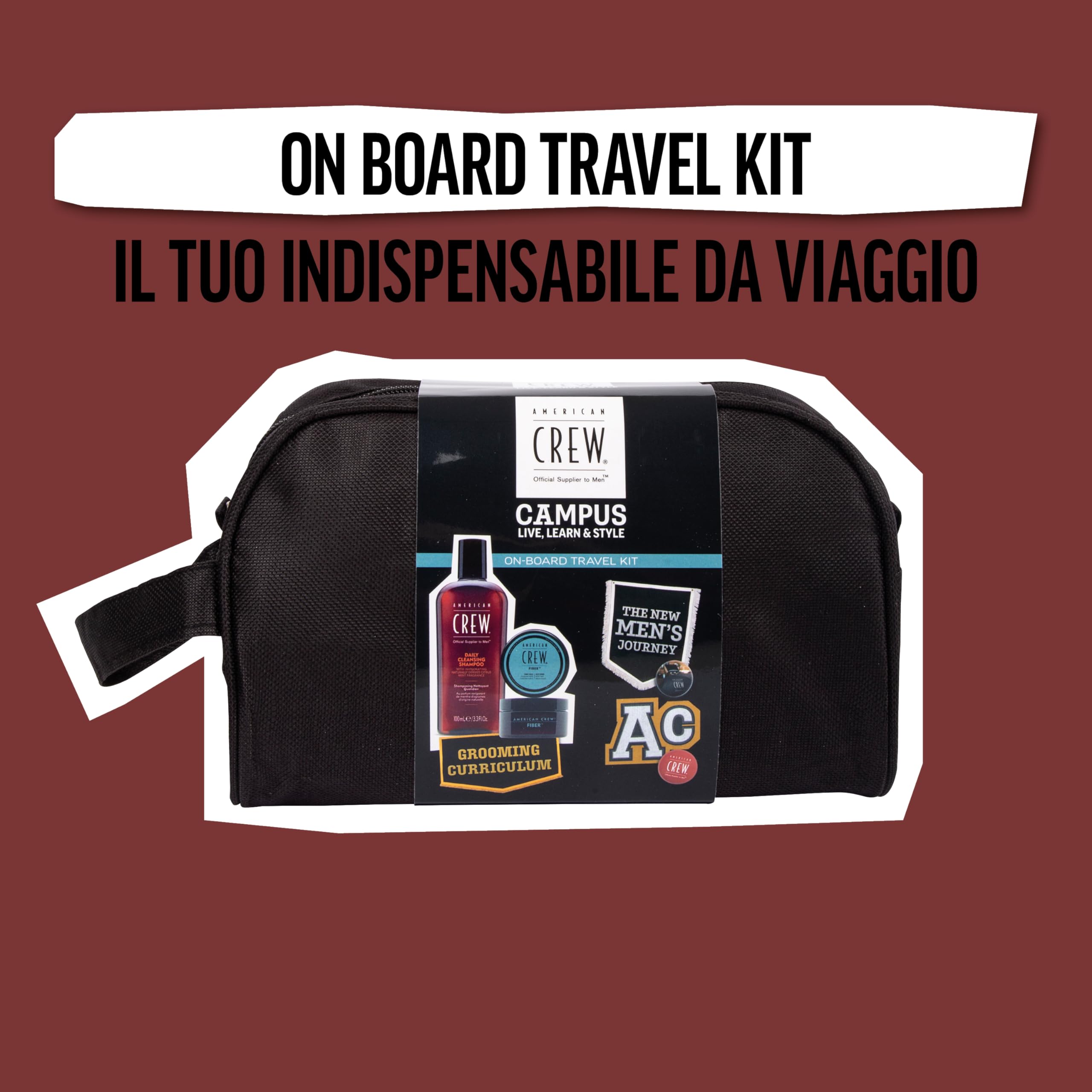 American Crew ON-BOARD TRAVEL KIT, Set Viaggio Cera Capelli & Shampoo, Pochette Regalo + AC Fiber 85 gr + AC Daily Cleansing Shampoo 100 ml