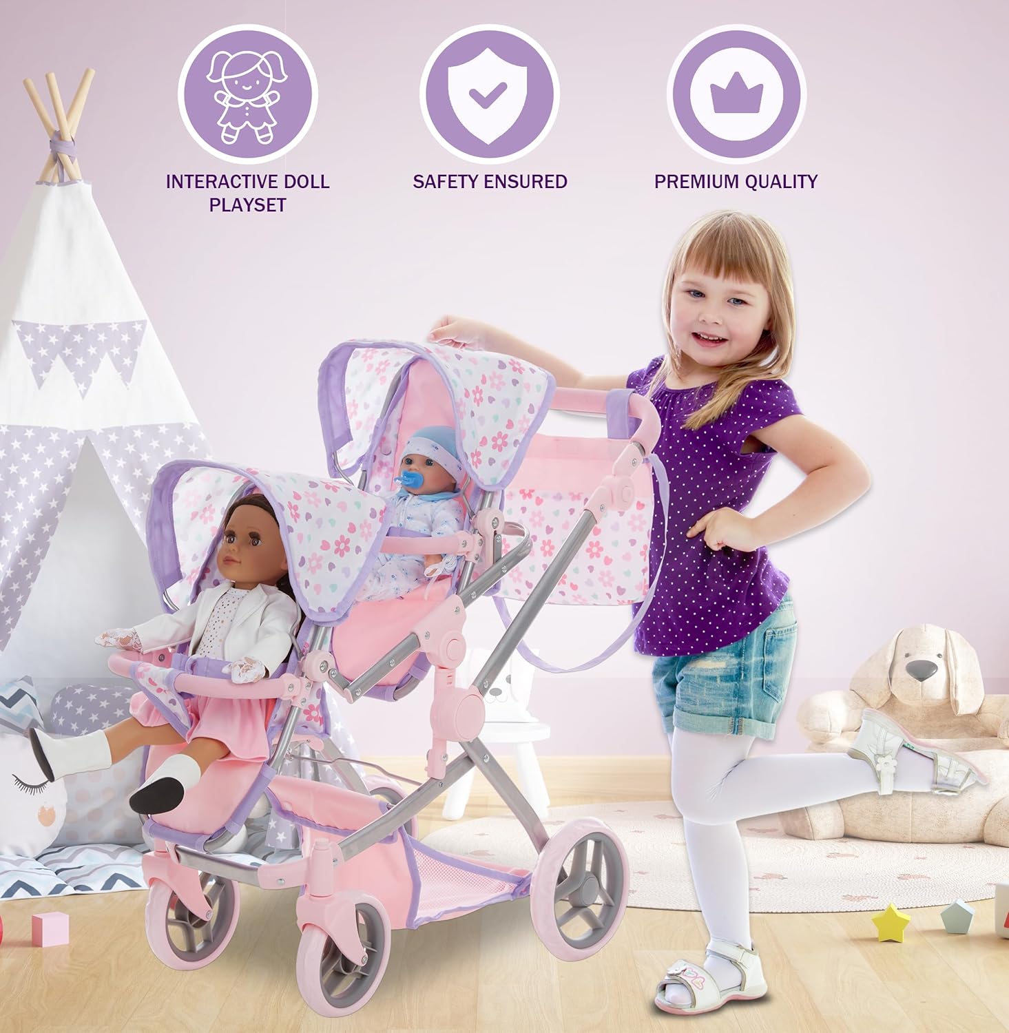 Dolls To Play Baby Doll Double Stroller, Twin Pink Pram Buggy Pretend Play for Girls, High Adjustable Handle Rotating Wheels Storage Basket Diaper Bag - 27.5 inch - Purple