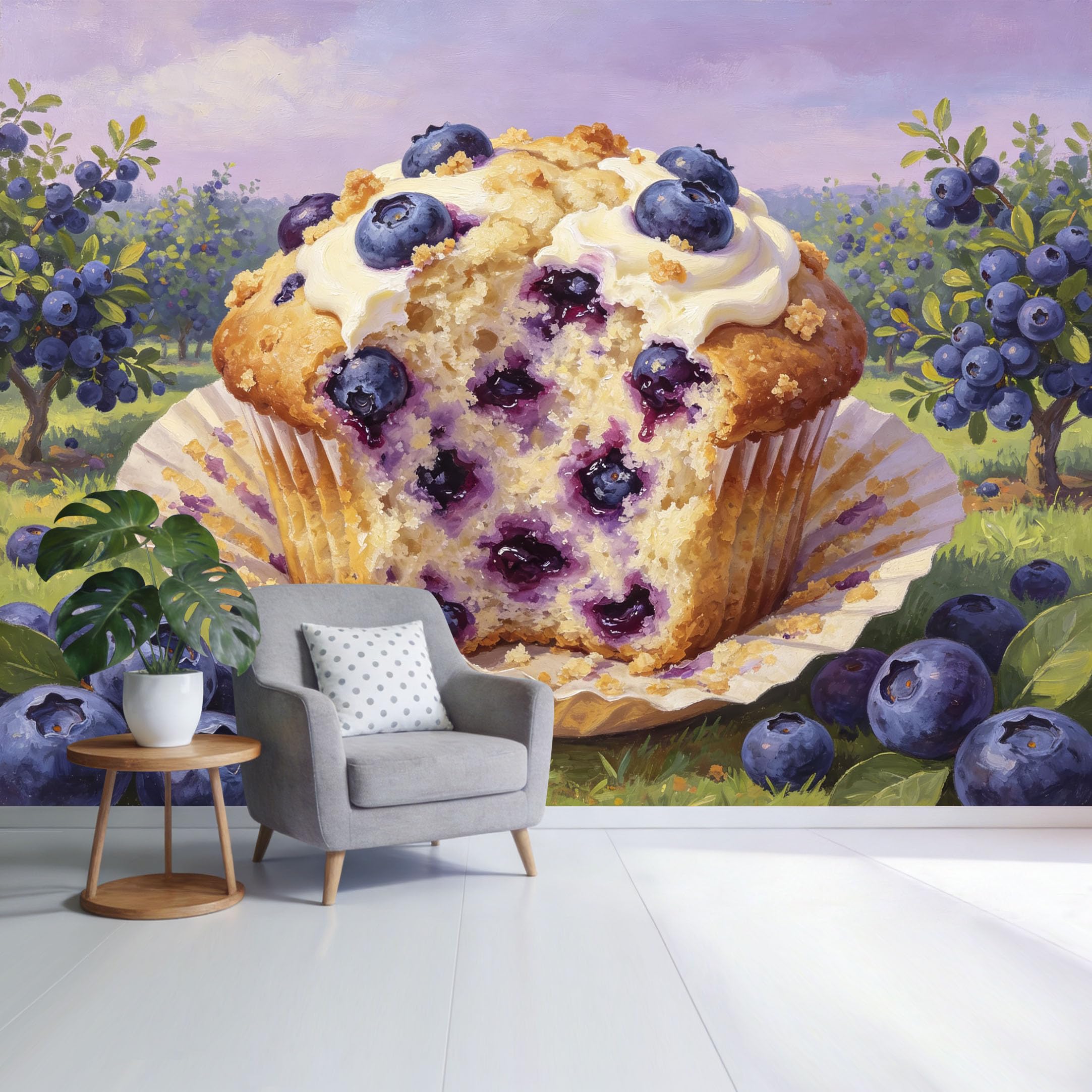 Custom Size Wall Mural Blueberry Muffin Orchard Landscape Oil Painting Food Art SelfAdhesive Wall Fabric Removable Wallpaper for Home Office Decor