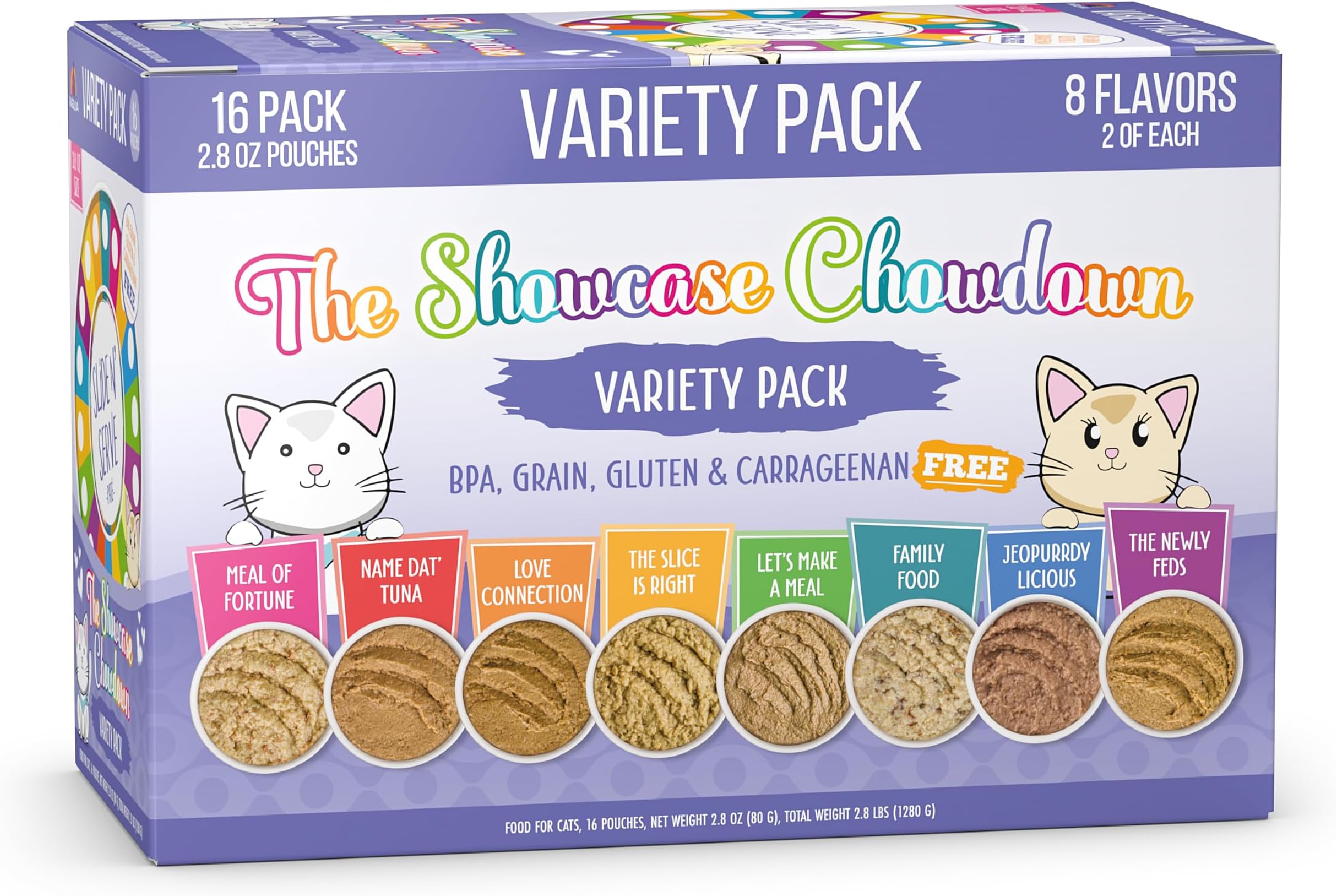 Weruva Slide N' Serve Patรฉ Wet Cat Food, The Showcase Chowdown Variety Pack, 2.8oz Pouch, Pack of 16