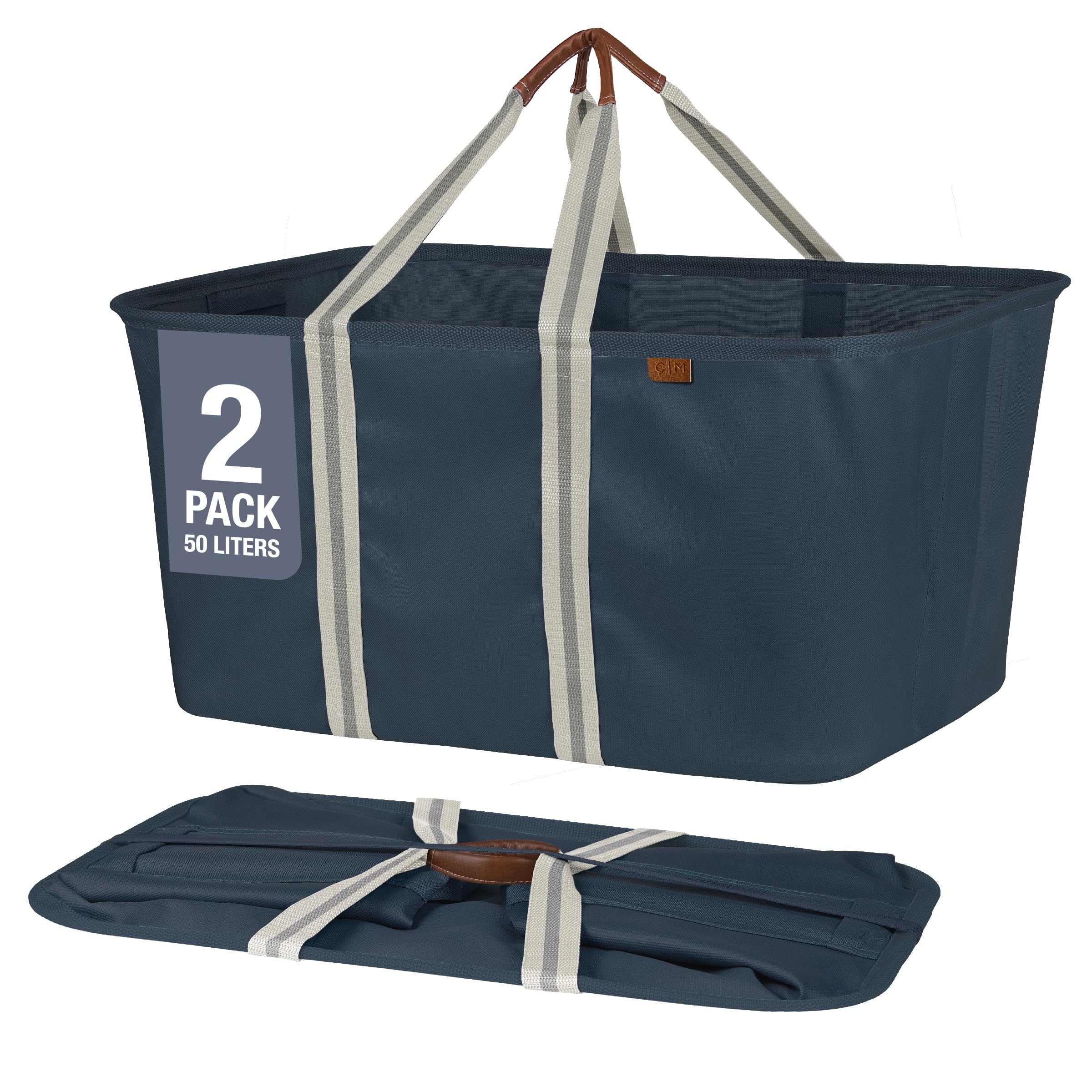CleverMade Collapsible Laundry Tote - LUXE Navy Noir Cream 2Pack 50L - Foldable Storage Organization Container Clothes Laundry