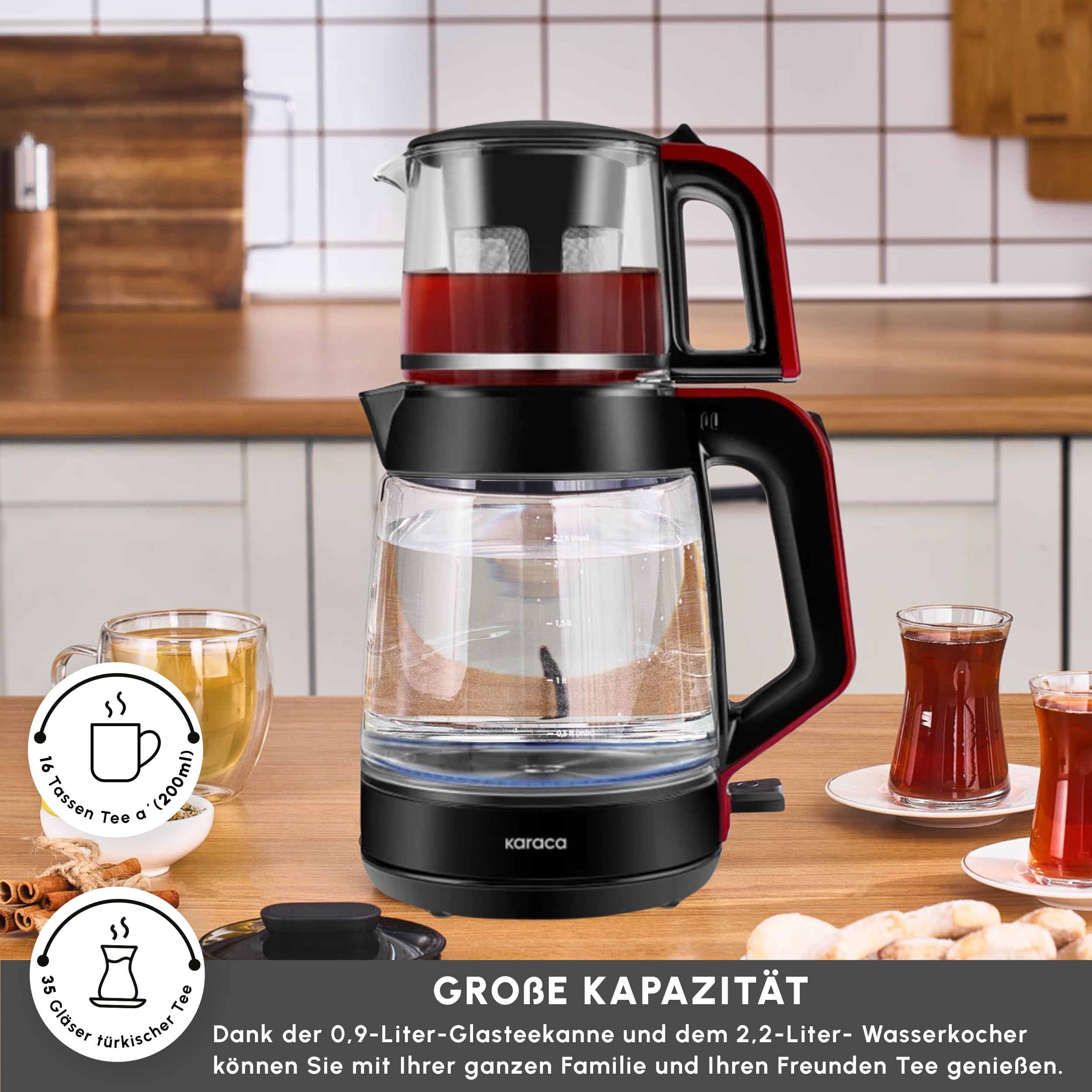 Karaca Berry Tea XL 2-in-1 theemaker en waterkoker met stalen inzet Moerbei, LED-lampje, Roestvrijstalen theepot, Keep-warm functie, XL-familiecapaciteit