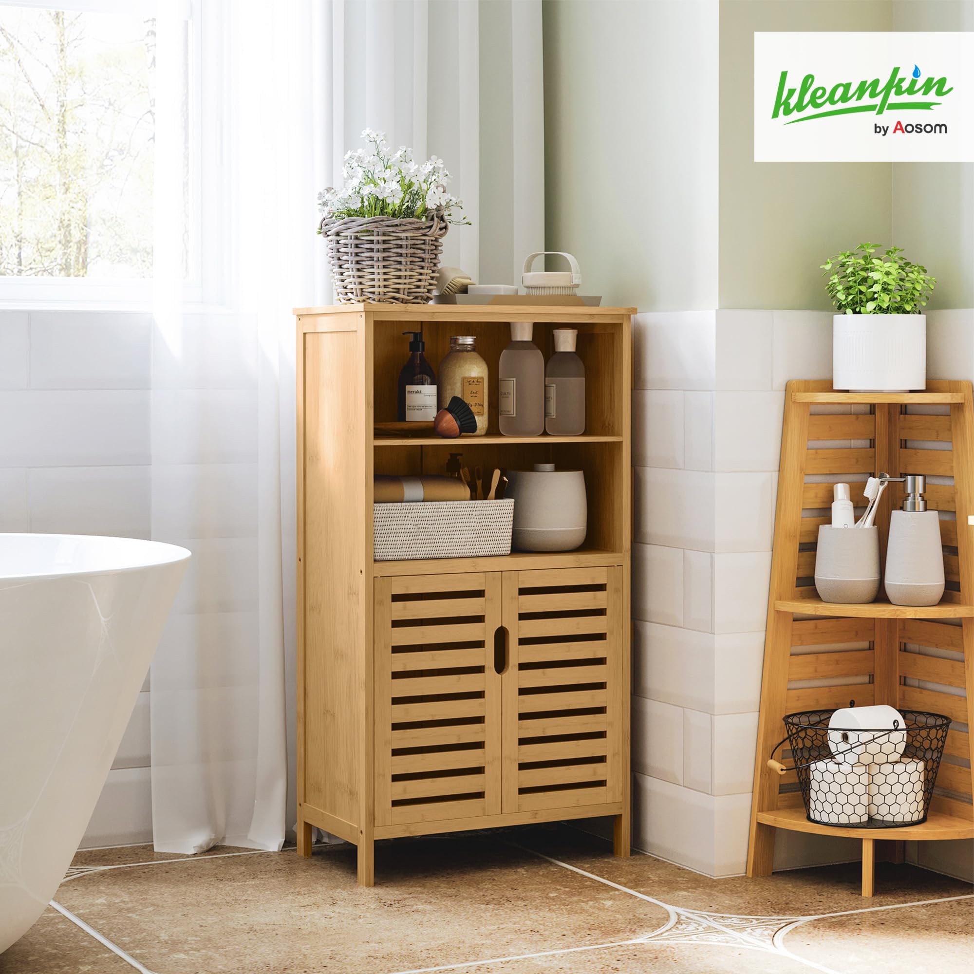 kleankin Mueble de Baño de Bambú Armario de Baño 50x29x92 cm Natural | 2 Puertas, 2 Estantes Abiertos, Patas Elevadas, Antivuelco