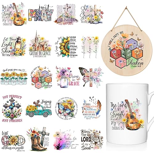 20 Sheets Christian Rub On Transfers for Crafts, Vintage Bible Verse Stickers for Wood Glass Porcelain Furniture Leather DIY Craft, UV DTF Cup Wrap, 3 * 3inch - Christian Flower