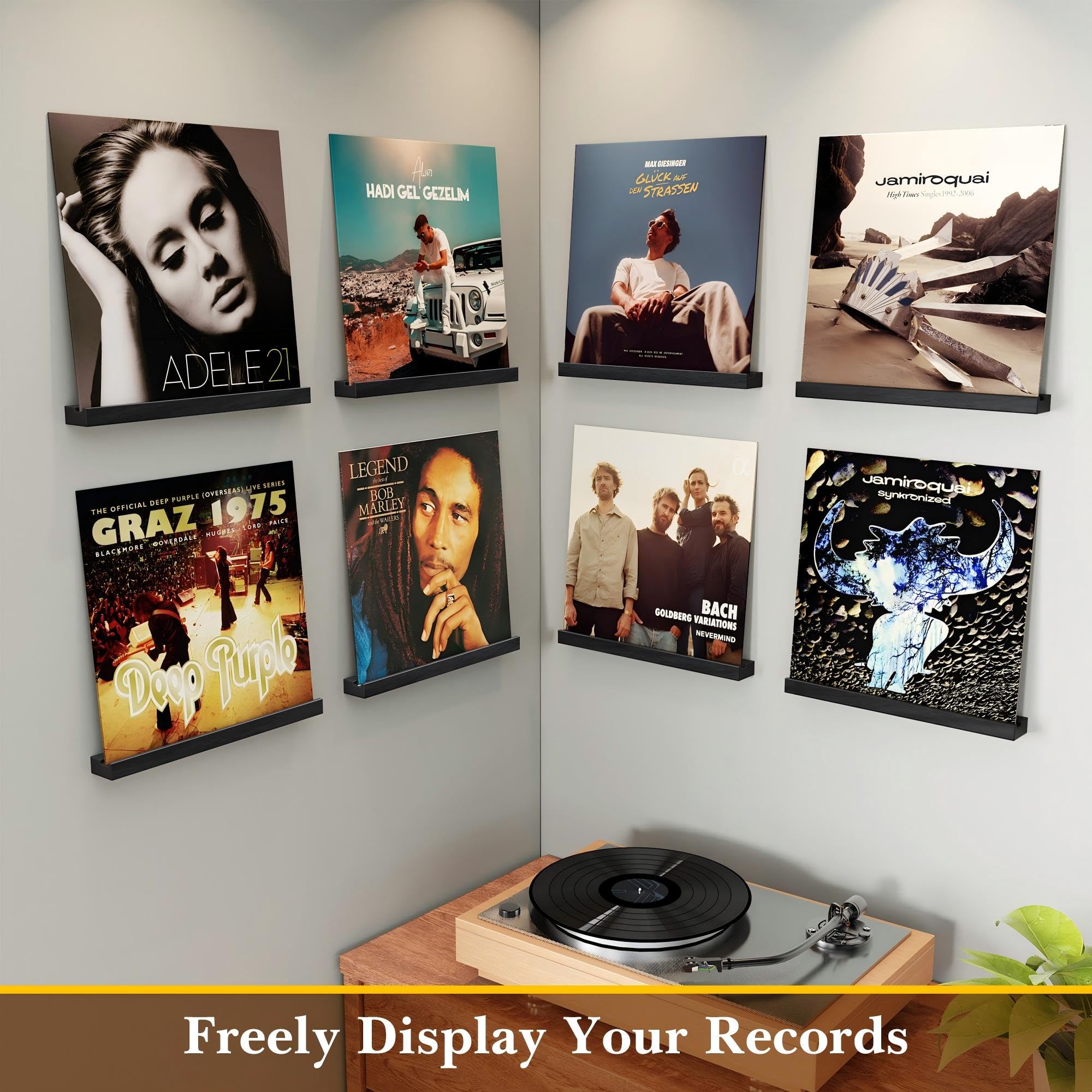 8 Pièces Porte-disques Mural en Bois, Rétro Supports Muraux pour 8 Vinyles, Porte-disques Mural pour Salon de Décoration, Affichage et Stockage, Collections (Noir)
