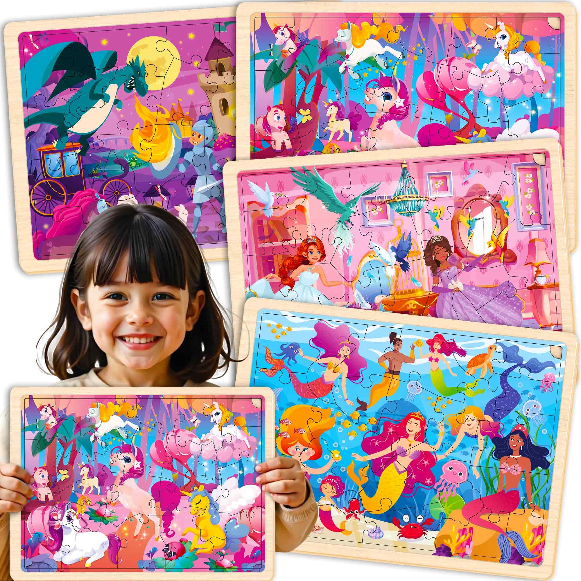 Set of 4 Wood Puzzles for Kids Ages 4-6, 24 Pcs Wooden Realistic Montessori Toddler Puzzles Ages 3-5 by QUOKKA, Mermaids